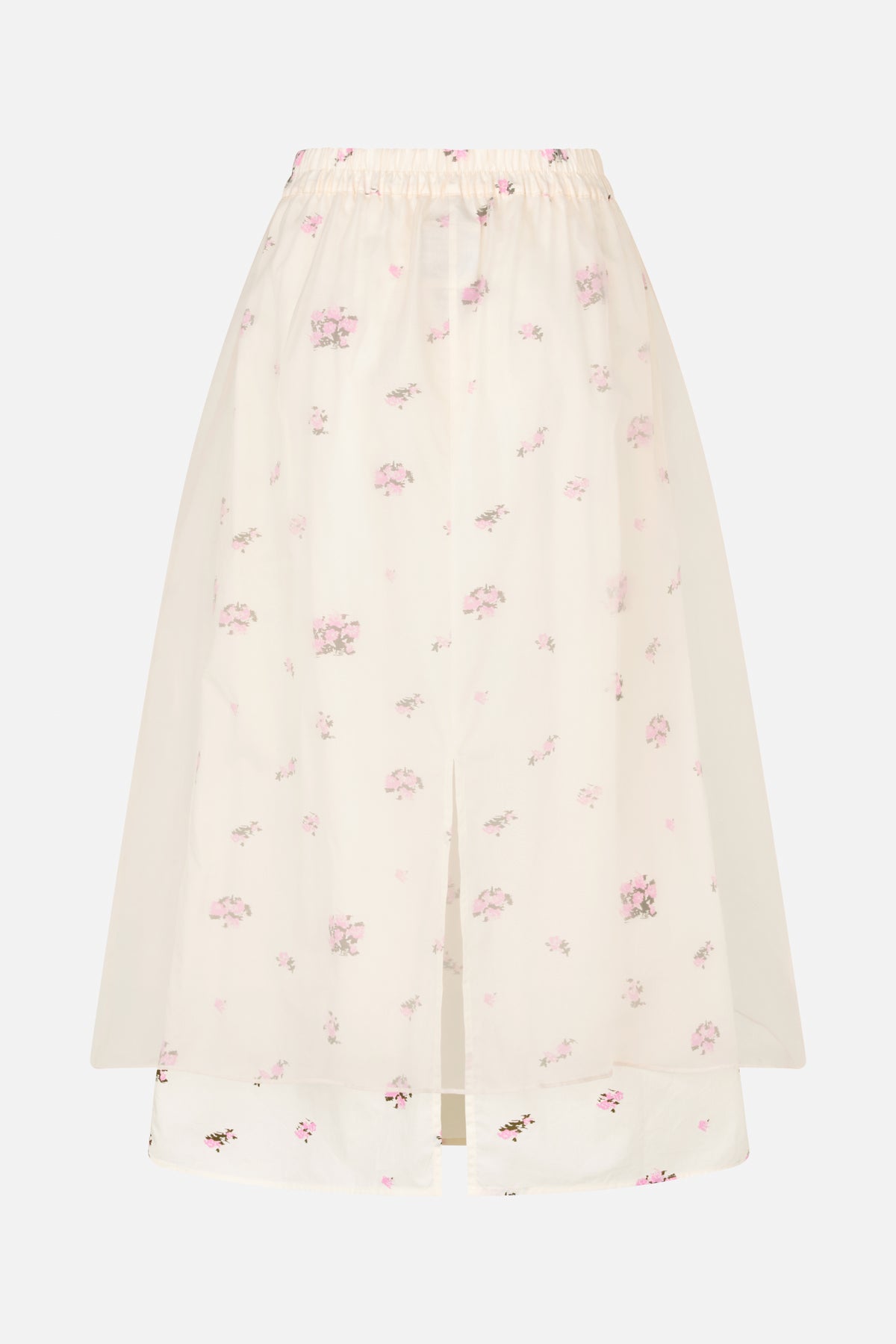 Ivory sheer skirt with scattered pink and olive floral print, gathered elastic waistband and front slit over matching shorts