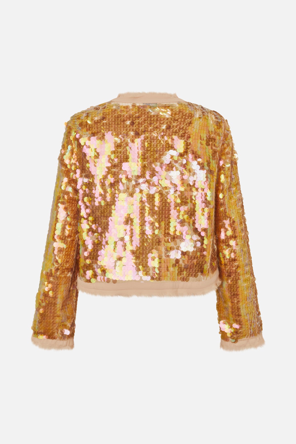 Back view of a long-sleeved jacket covered in gold, peach and pale pink sequins, with a cream fuzzy collar, cuffs and hem.