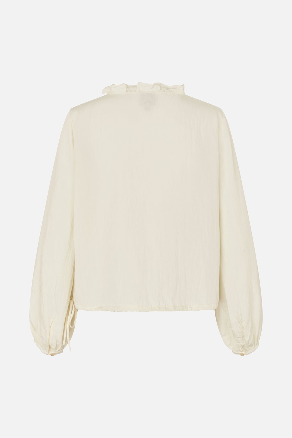 Back view of an ivory long-sleeved blouse with a ruffled high neckline and voluminous gathered cuffs.