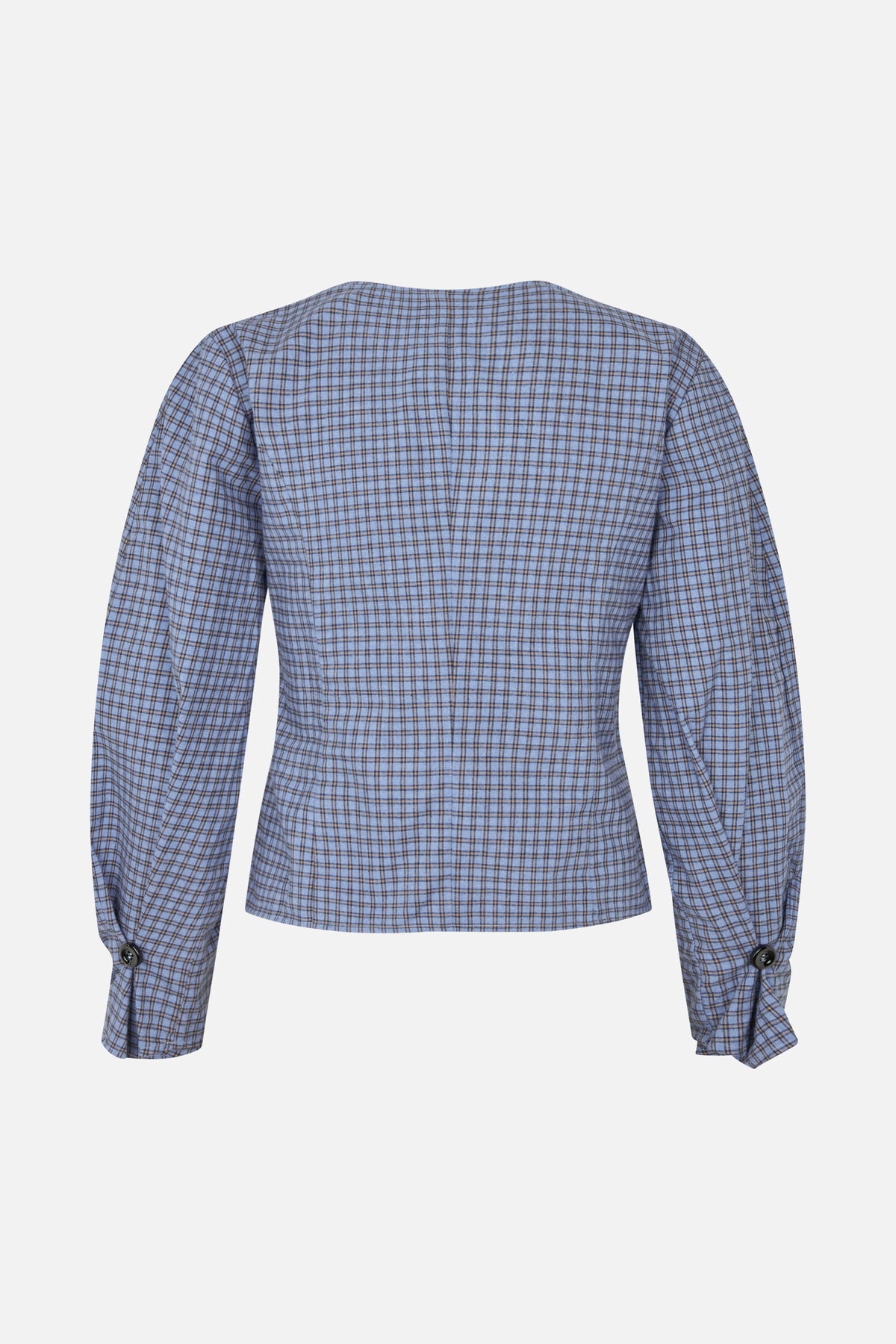 Back view of a long-sleeved light blue checked shirt with dark intersecting lines and button cuffs.