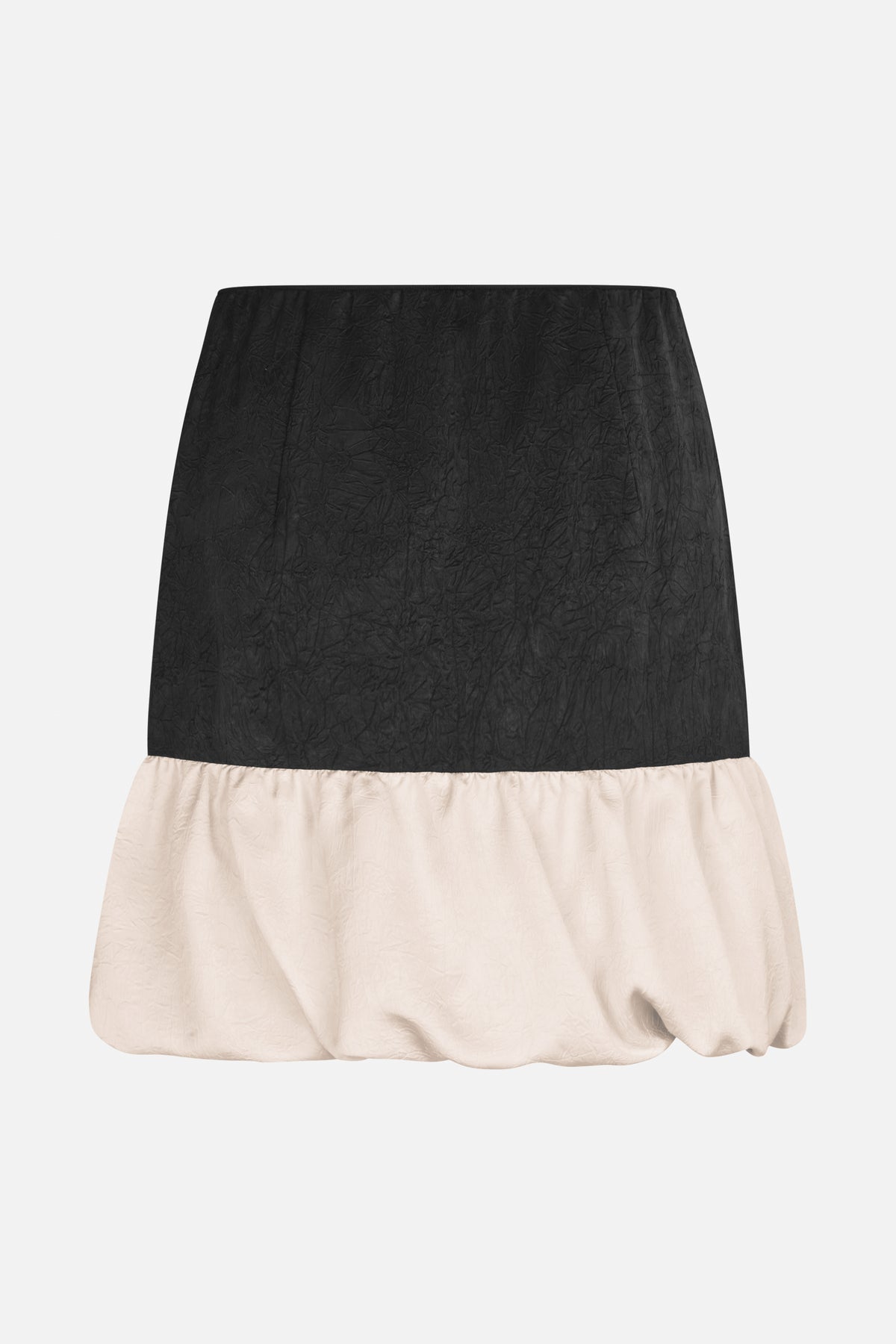 Front view of a two-tone skirt with a black crinkled upper section and a gathered ivory bubble hem.