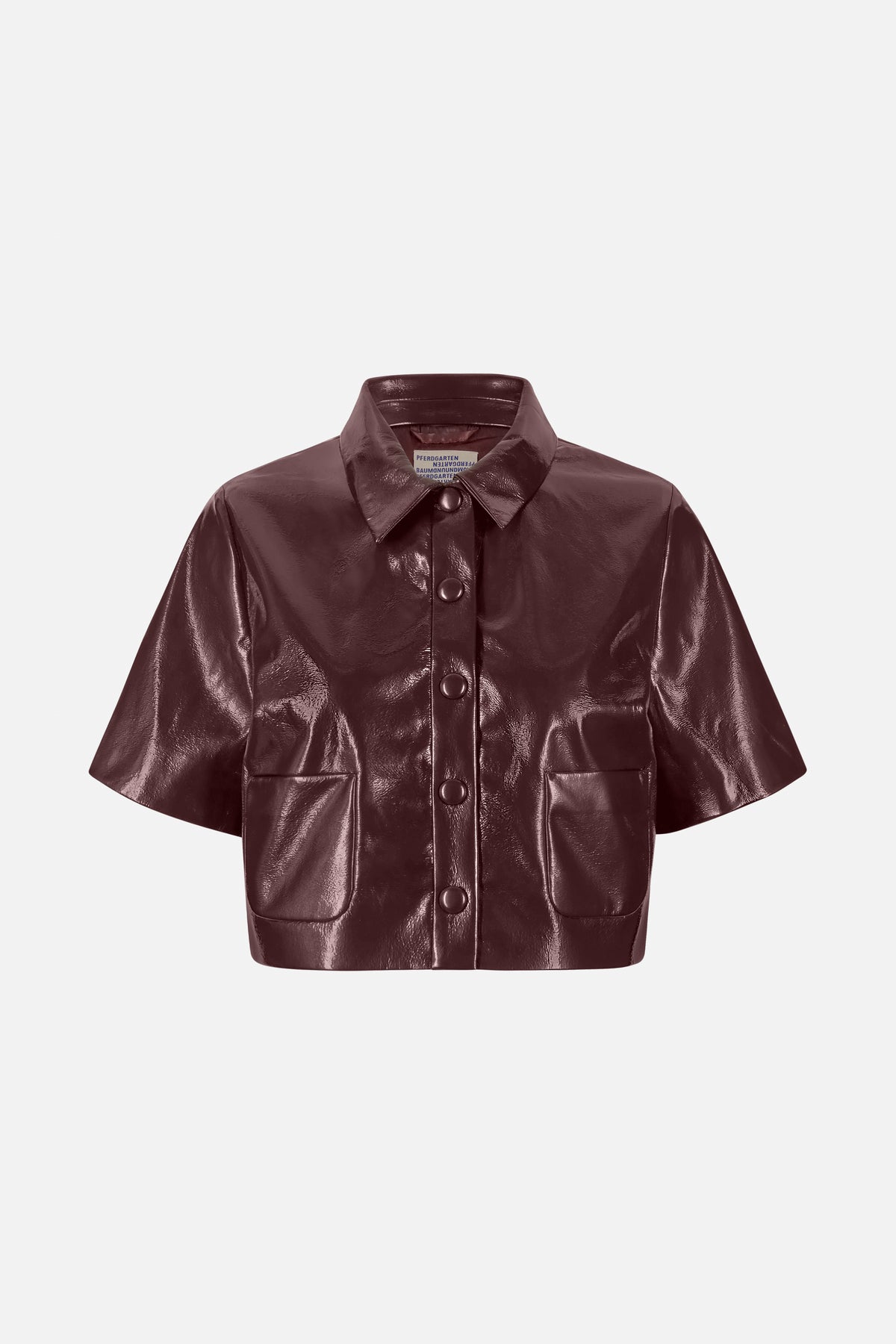 Front view of a glossy burgundy short-sleeved jacket with a pointed collar, covered buttons and two patch pockets.