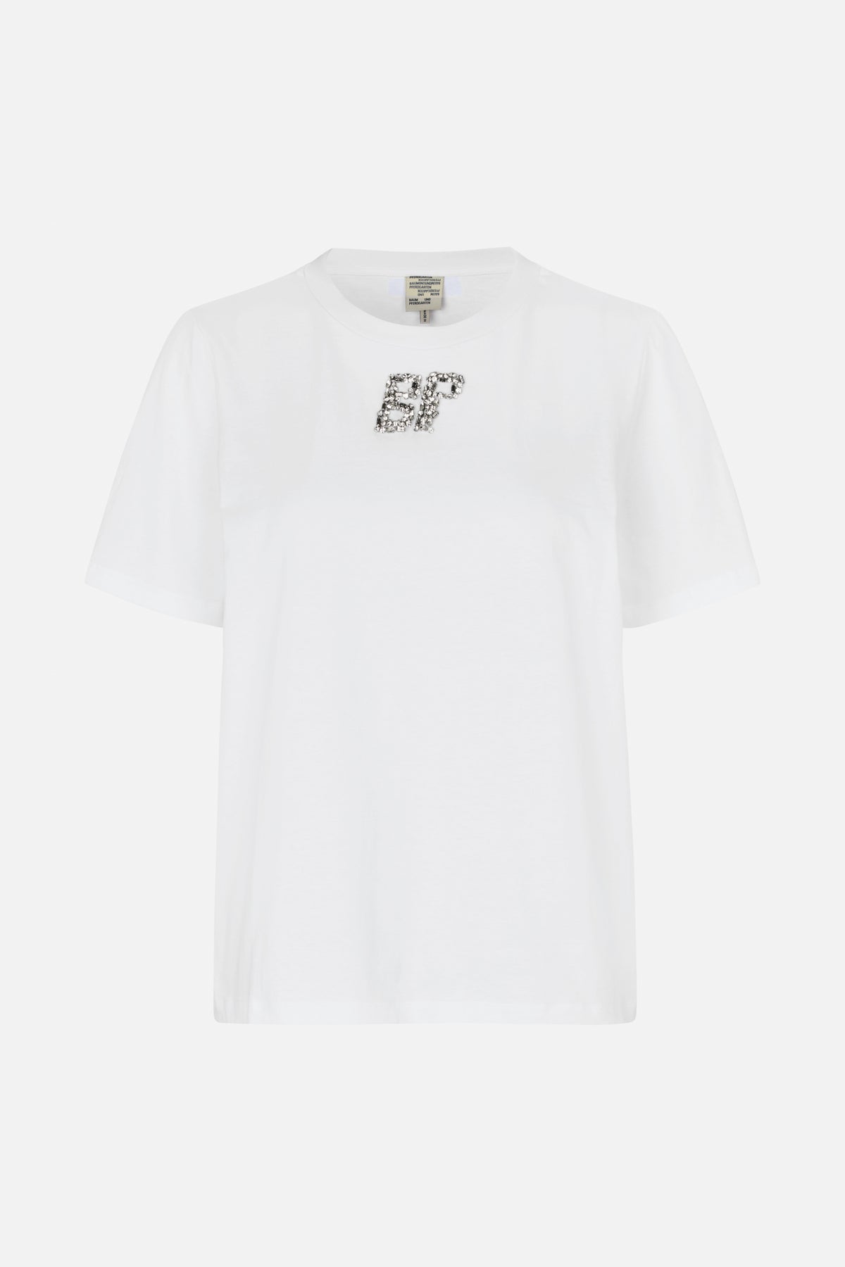 White short-sleeved crew-neck T-shirt with a sparkling crystal-style “BP” embellishment on the chest, shown from the front.