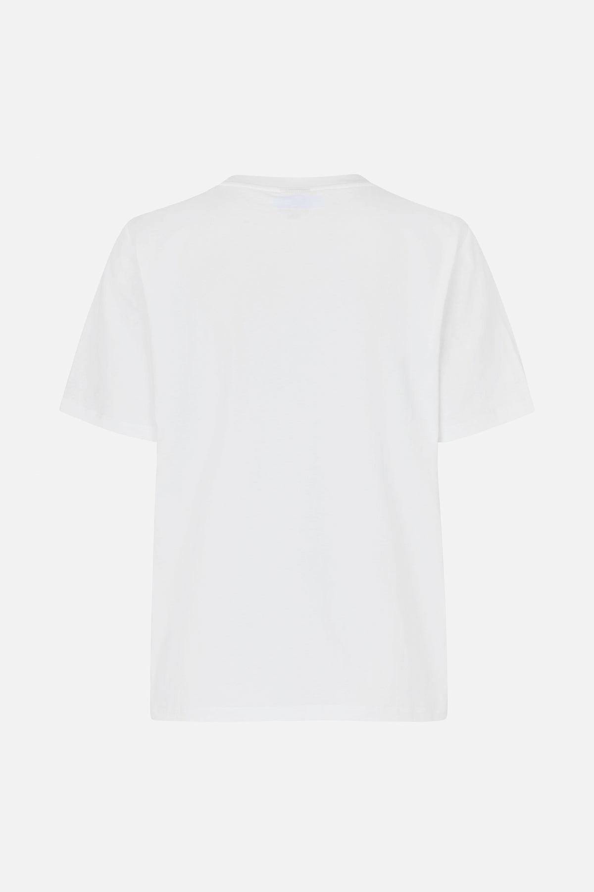 Back view of a plain white short-sleeved T-shirt with a crew neck.