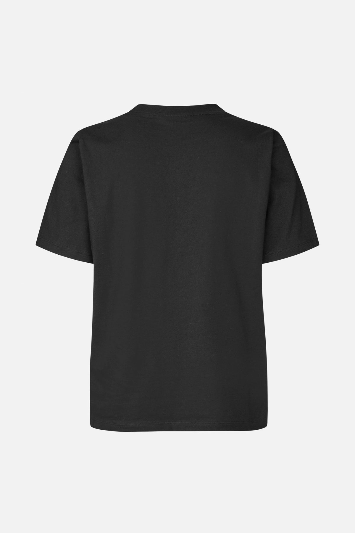 Rückansicht eines schlichten schwarzen T-Shirts mit kurzen Ärmeln und Rundhalsausschnitt.