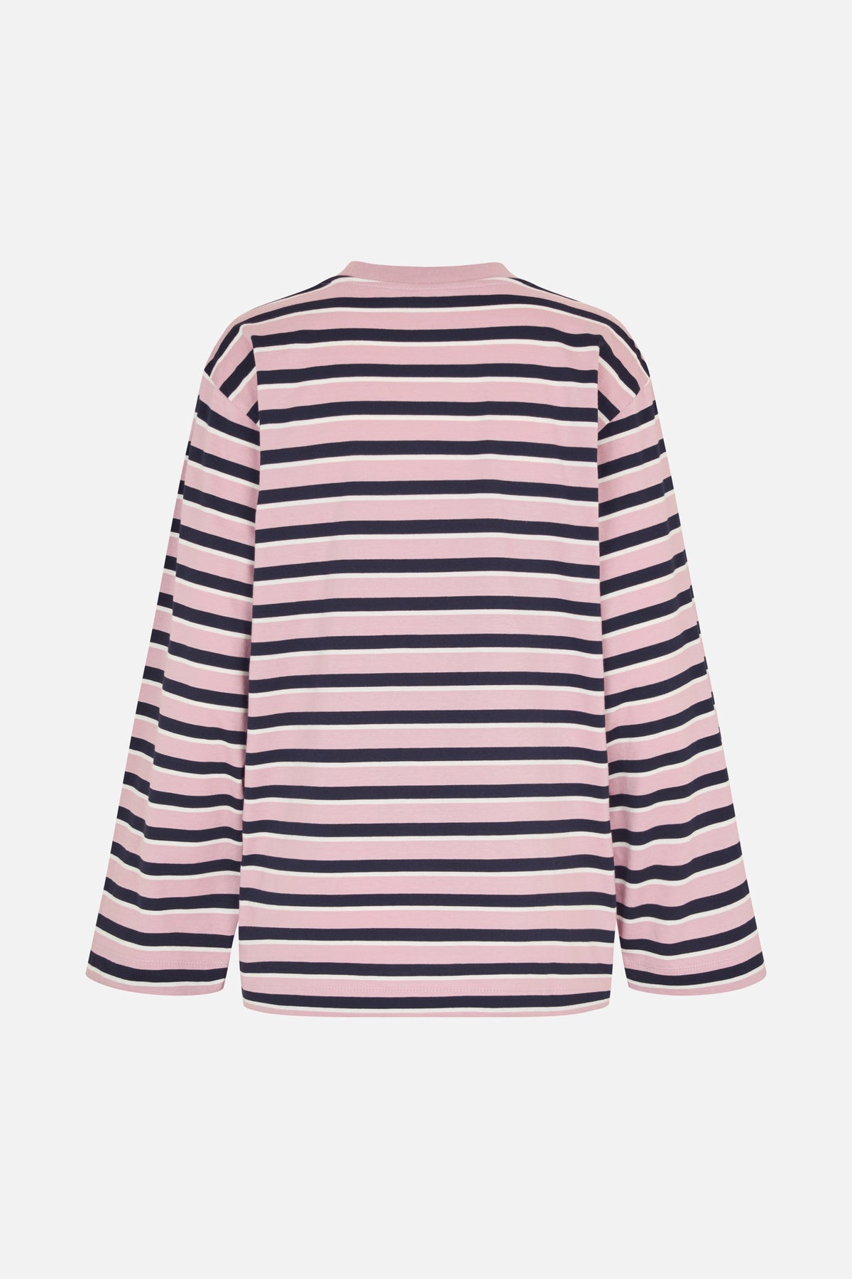 Achteraanzicht van een blouse met lange mouwen en kraag, met horizontale strepen in roze, marine en ivoor.