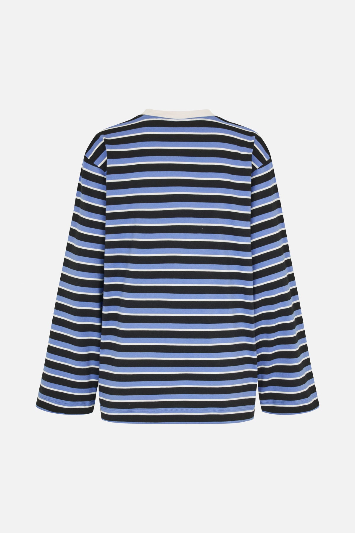 Back view of a long-sleeved top with horizontal black, periwinkle blue and white stripes.