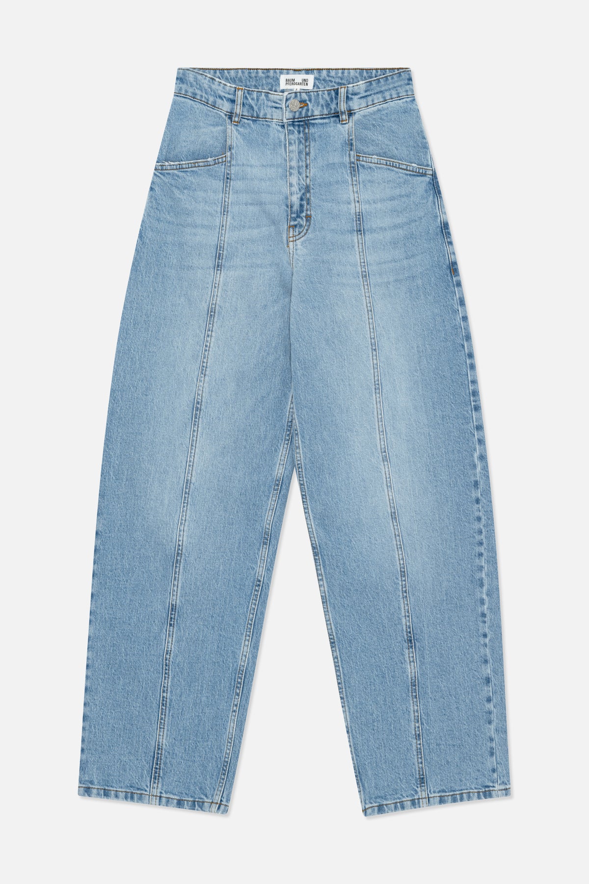 Front view of light-wash blue wide-leg jeans with a button fly, belt loops, front pockets and prominent panel seams