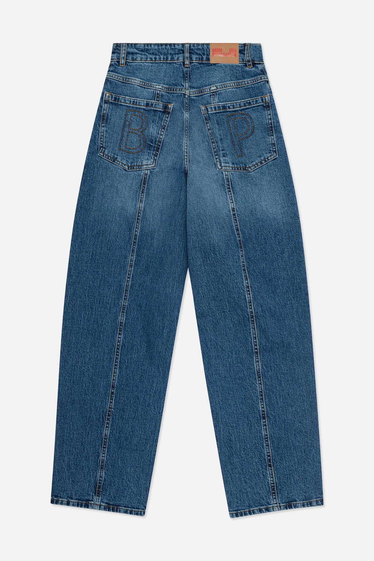 Back view of blue wide-leg jeans with contrast stitching and rear pockets featuring outlined B and P lettering.