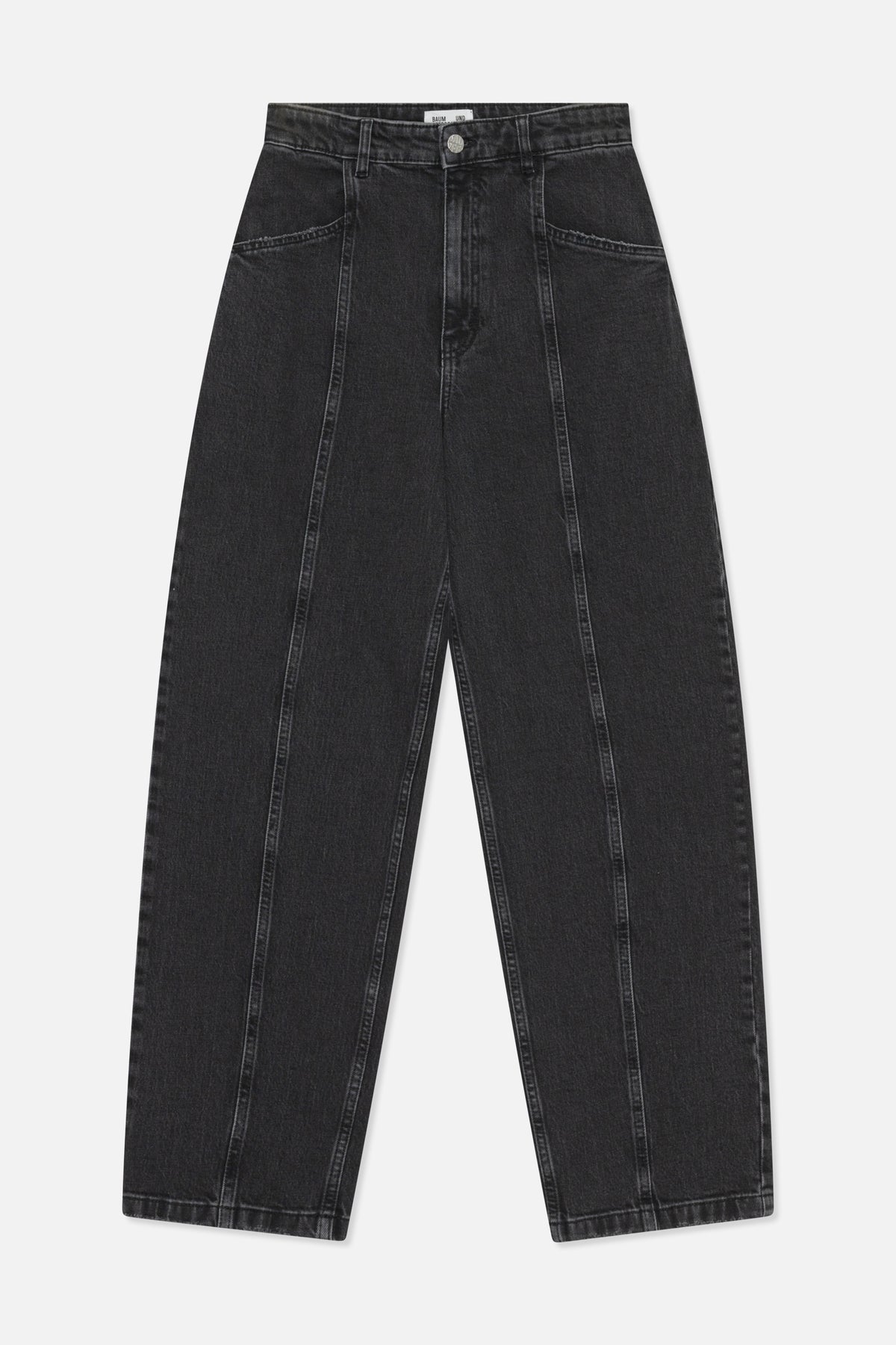 Front view of charcoal-black wide-leg jeans with contrast seams, belt loops, button closure and curved front pockets.