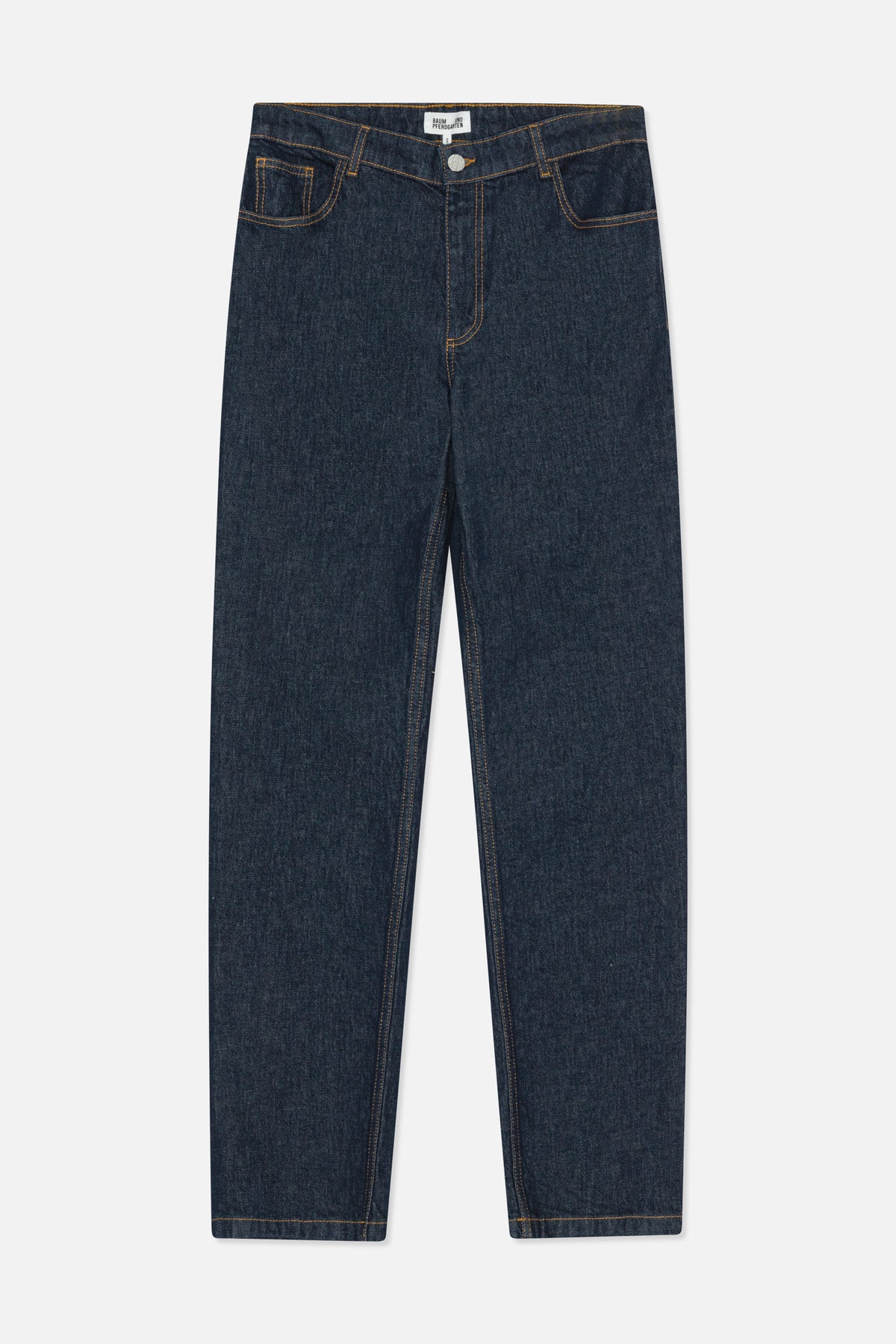 Front view of dark indigo jeans with a button closure, curved front pockets and contrast stitching.