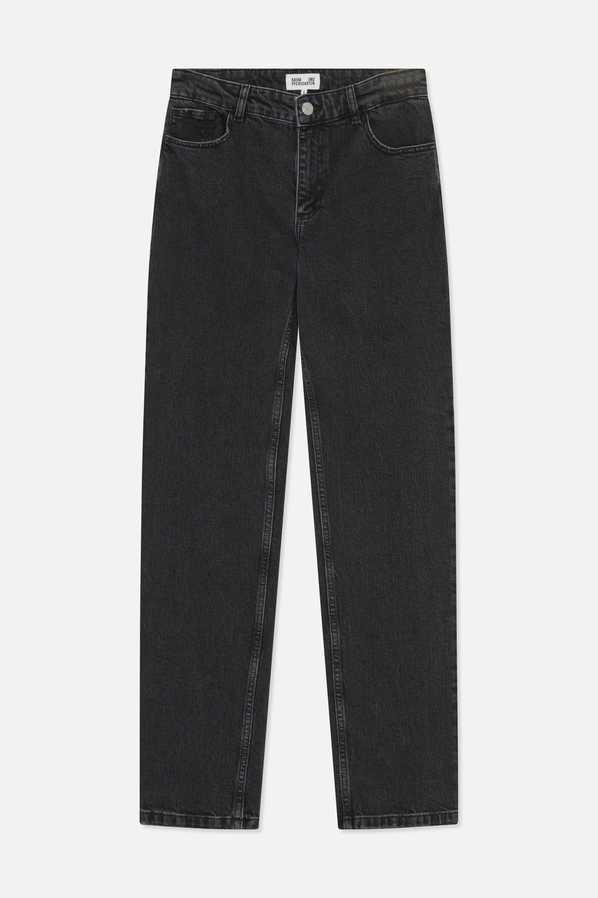Front view of charcoal-black jeans with a button closure, belt loops, front pockets and straight, wide legs.