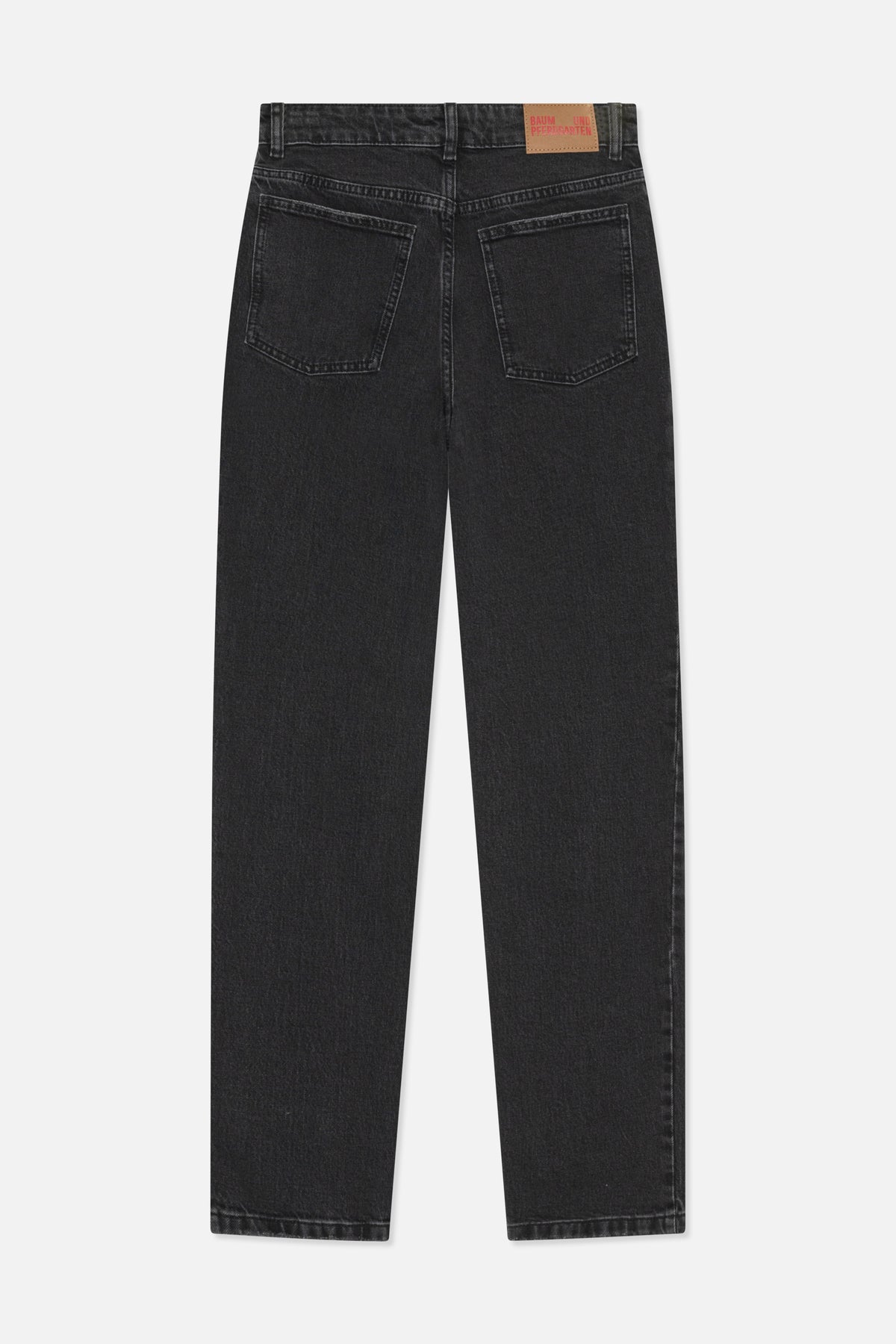 Back view of charcoal-black straight-leg jeans with belt loops, two patch pockets and a tan logo waistband patch.