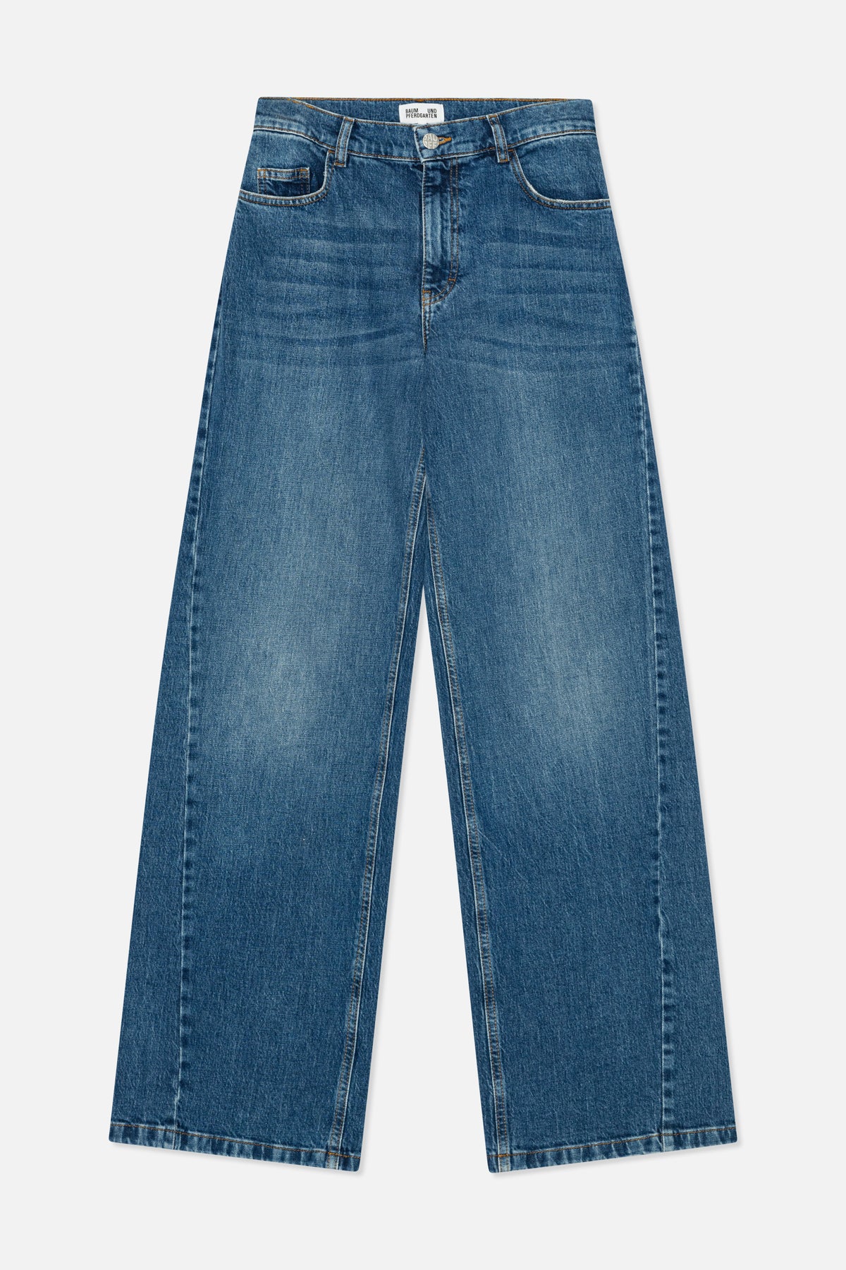Front view of wide-leg blue jeans with faded whiskering, orange contrast stitching, belt loops and five-pocket styling.