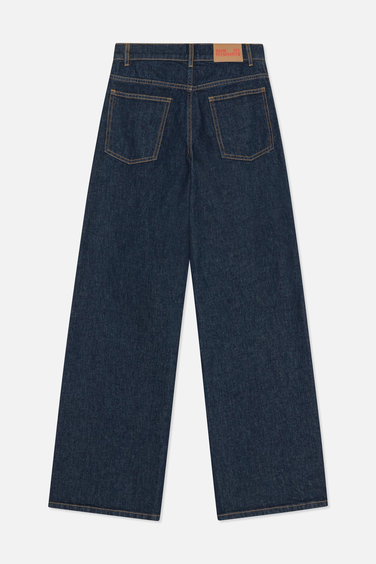 Rear view of dark indigo wide-leg jeans with contrast stitching, belt loops and two back pockets.