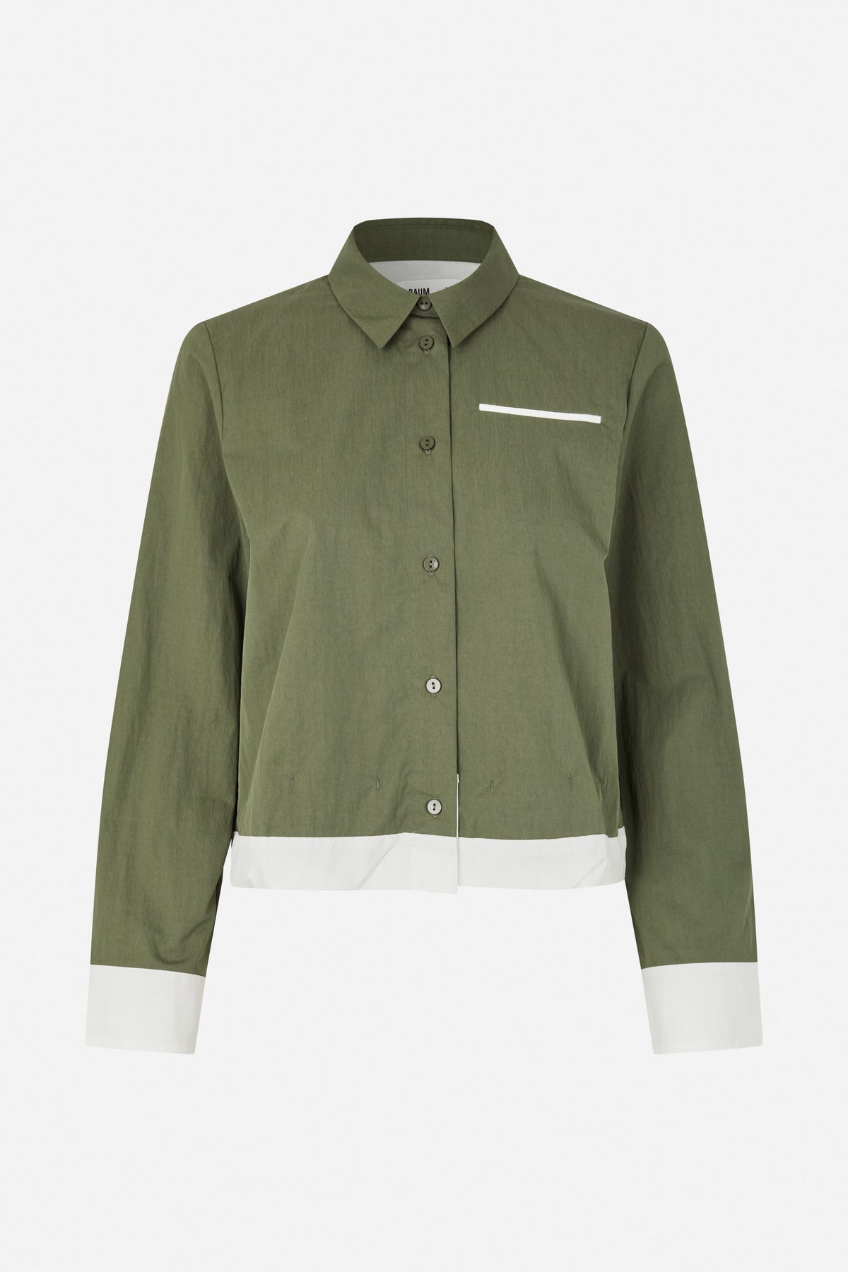 Front view of an olive green button-up shirt with a pointed collar, white contrast hem and cuffs, and a slim chest pocket opening.
