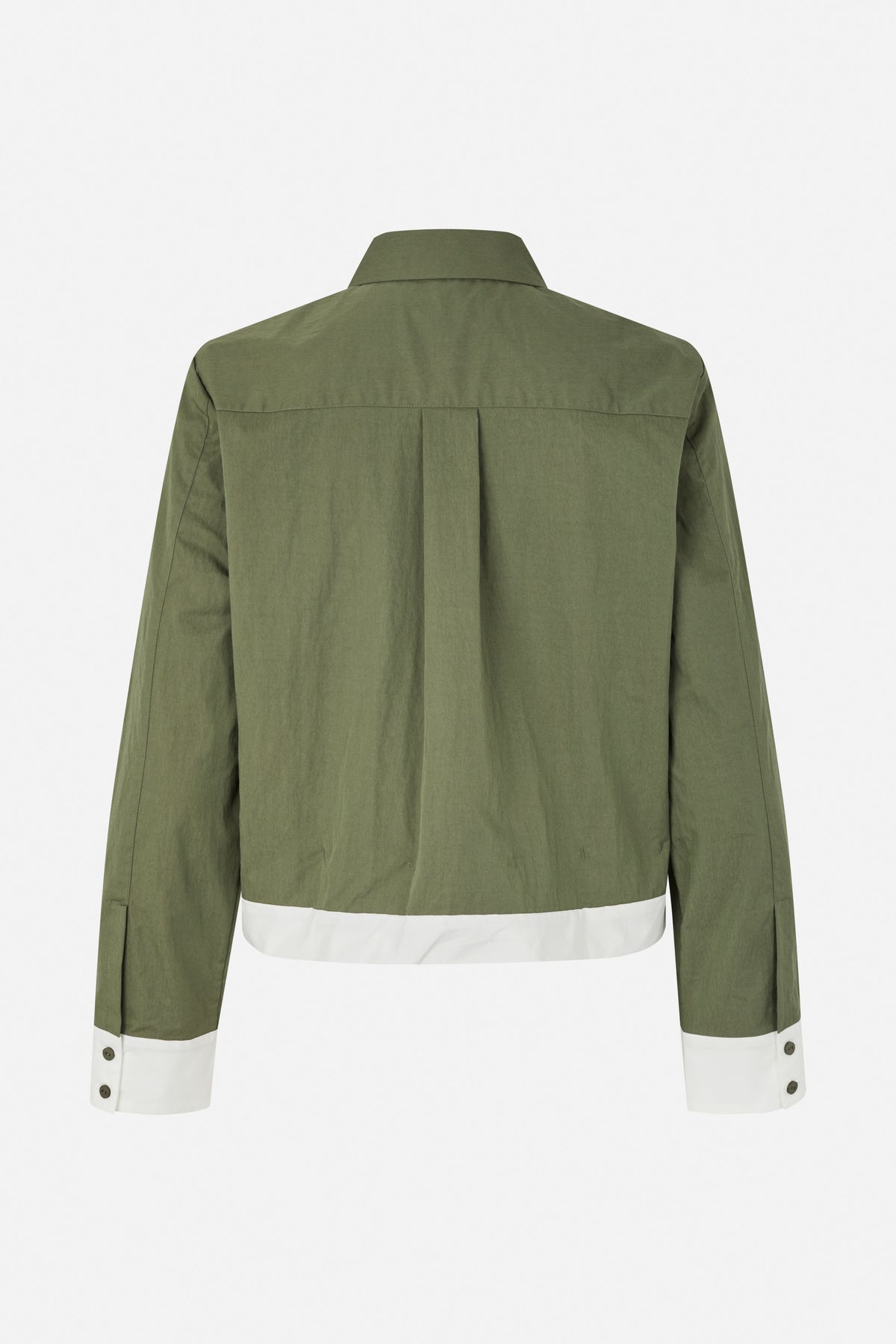 Back view of an olive-green long-sleeved shirt with a white hem and white buttoned cuffs.
