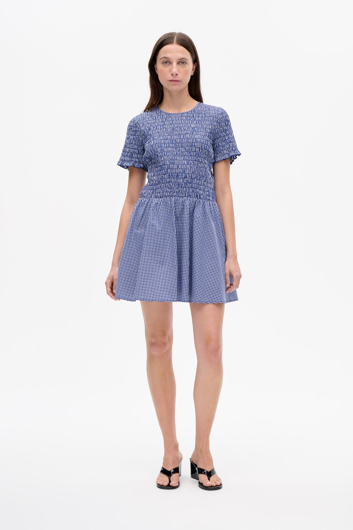 Front view of a blue-and-white gingham mini dress with a smocked bodice and ruffled short sleeves.