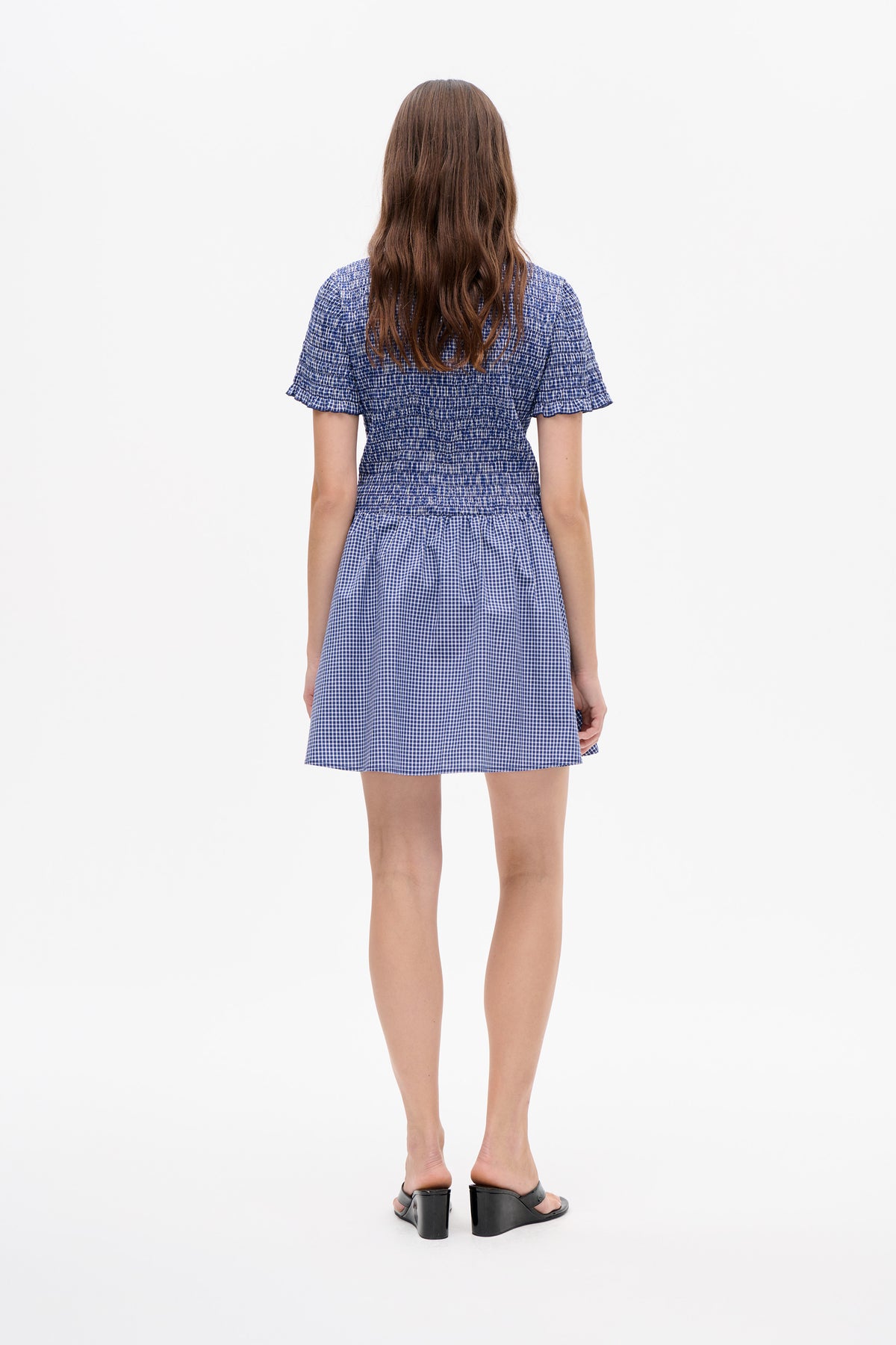 Back view of a blue-and-white gingham mini dress with a smocked bodice and short ruffled sleeves.
