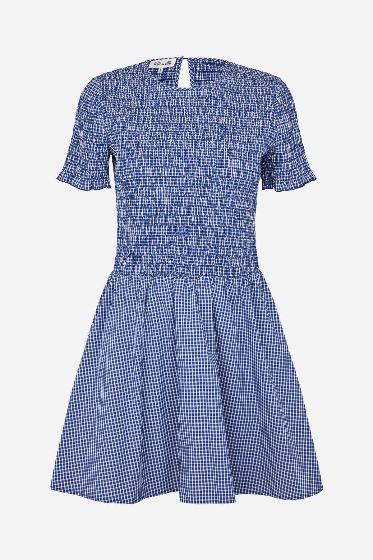 Front view of a blue-and-white gingham dress with a smocked bodice, short flared sleeves and a gathered skirt