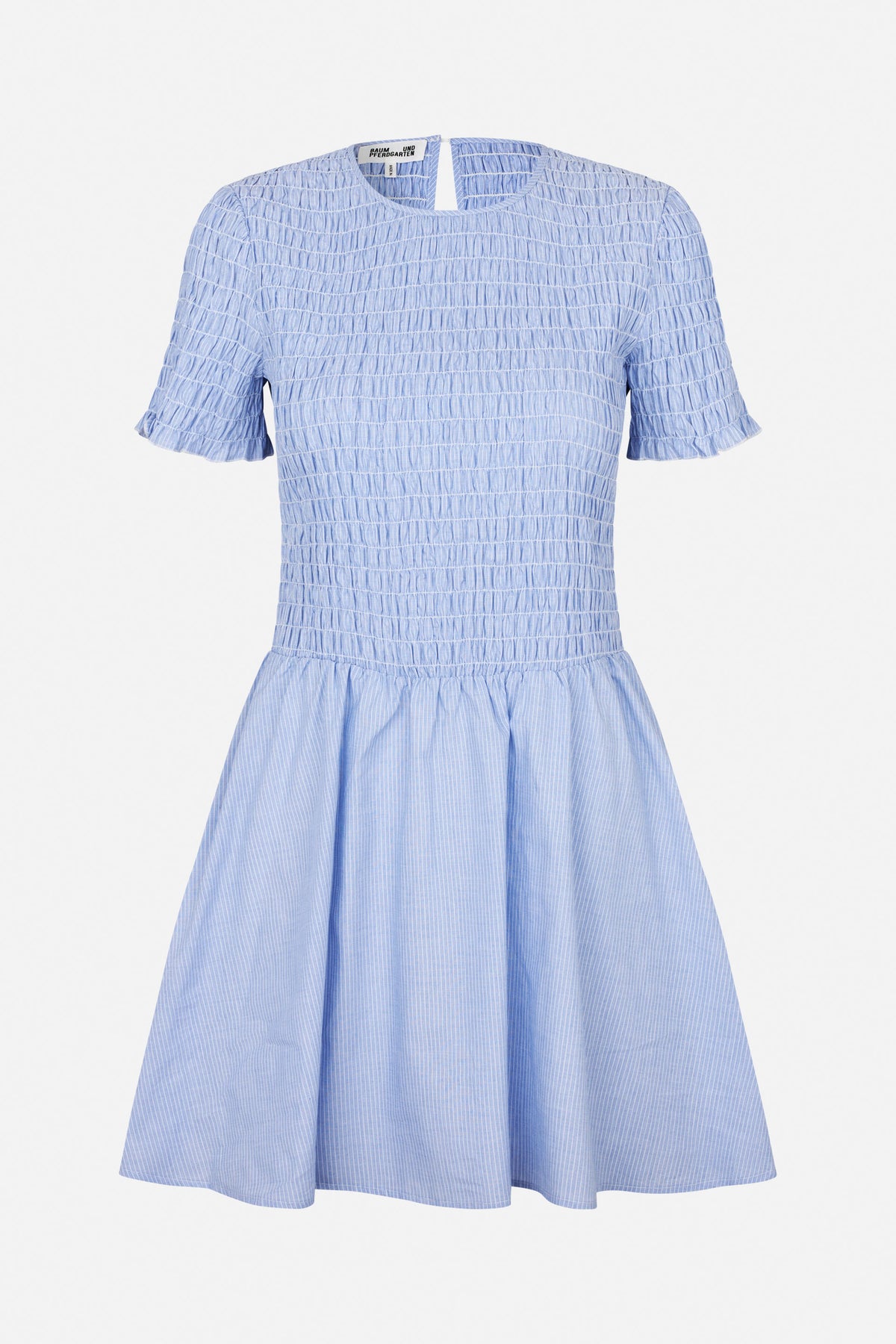 Front view of a light blue dress with fine white pinstripes, a smocked bodice, short flared sleeves and a gathered skirt.