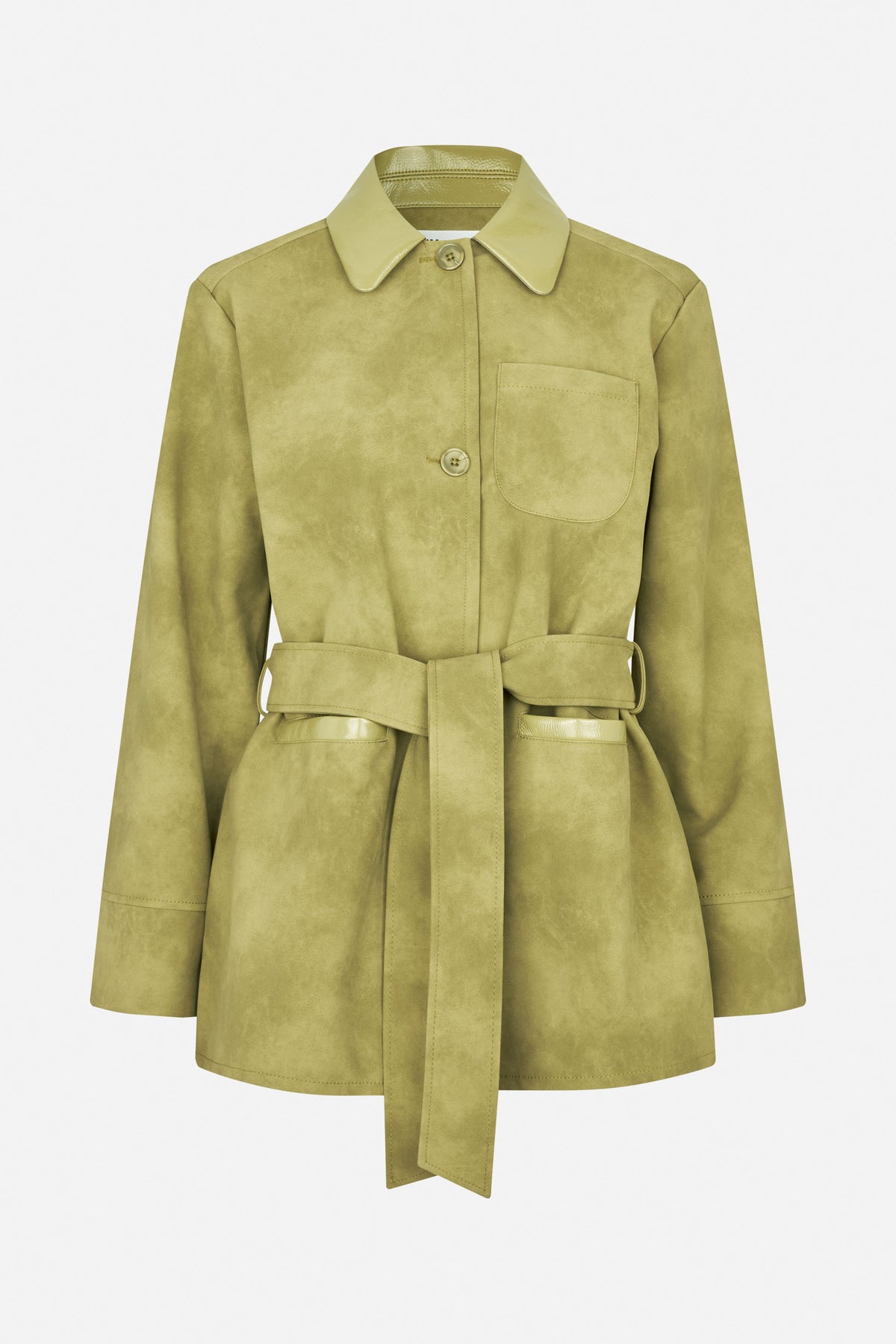 Front view of a yellow-green belted coat with a pointed collar, glossy collar and pocket trim, button closure and chest pocket.
