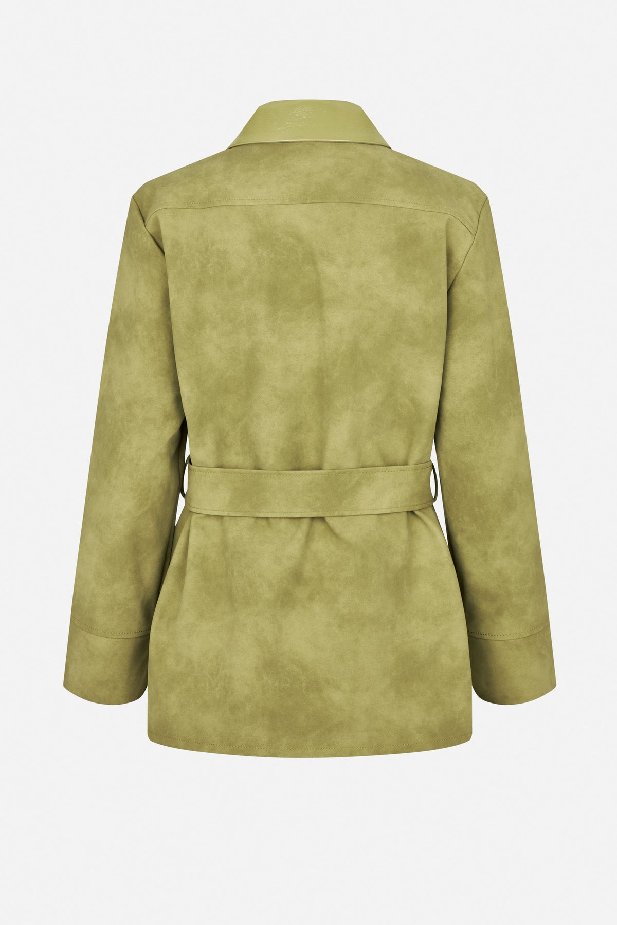Back view of an olive green long-sleeved jacket with a wide collar, softly mottled texture and matching waist belt.