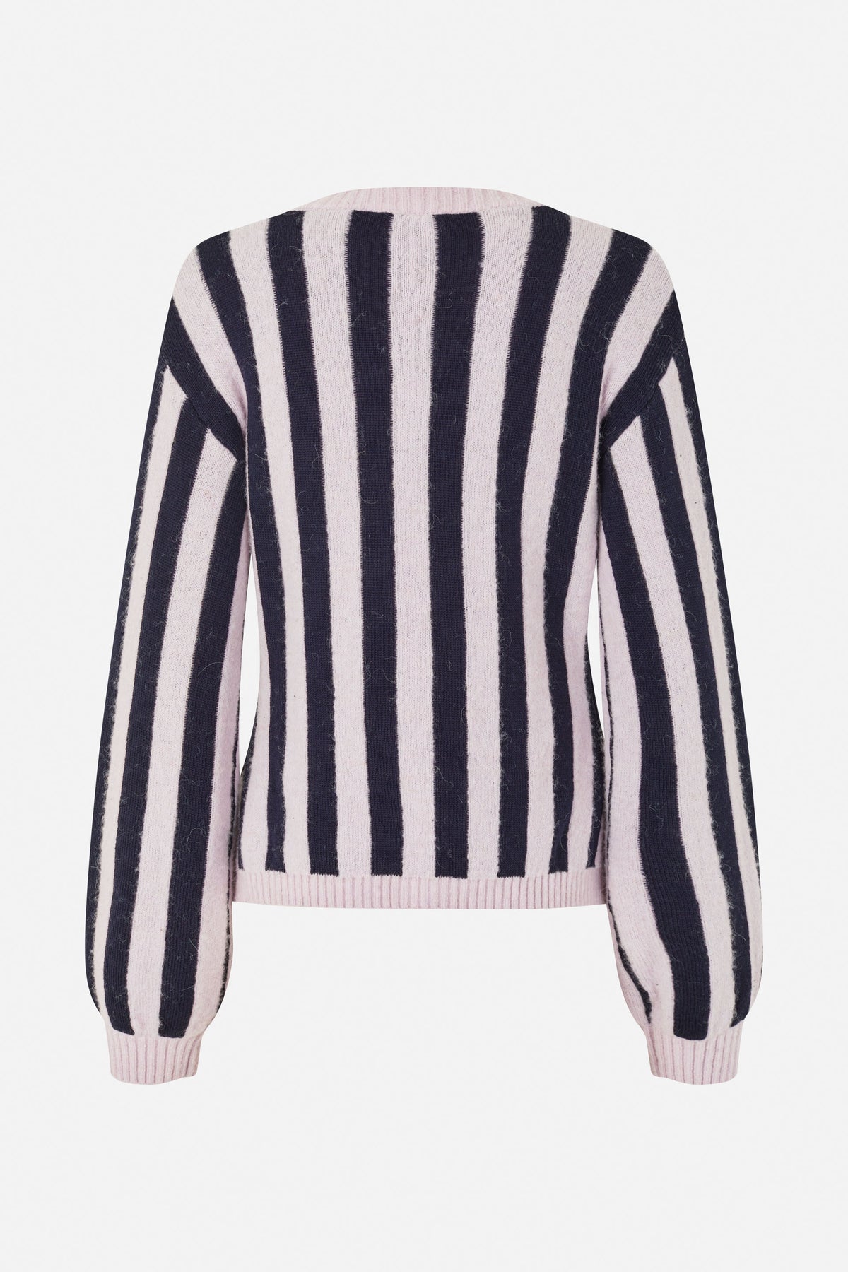 Long-sleeved knit sweater with a pale pink base, bold dark navy vertical stripes, and ribbed neckline, cuffs and hem.