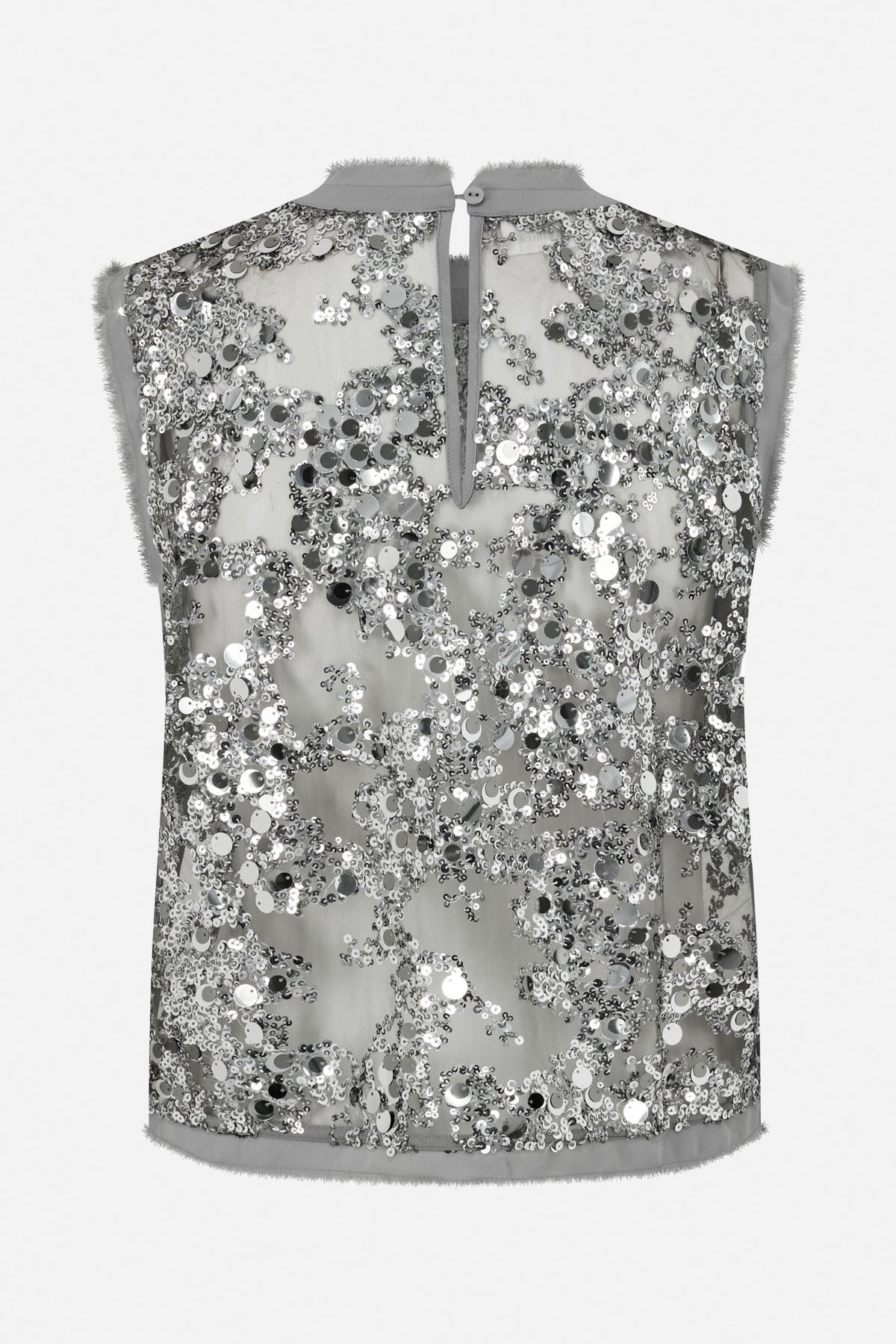 Dos d'un haut sans manches en mesh gris, orné de sequins argentés, avec col et fermeture boutonnée
