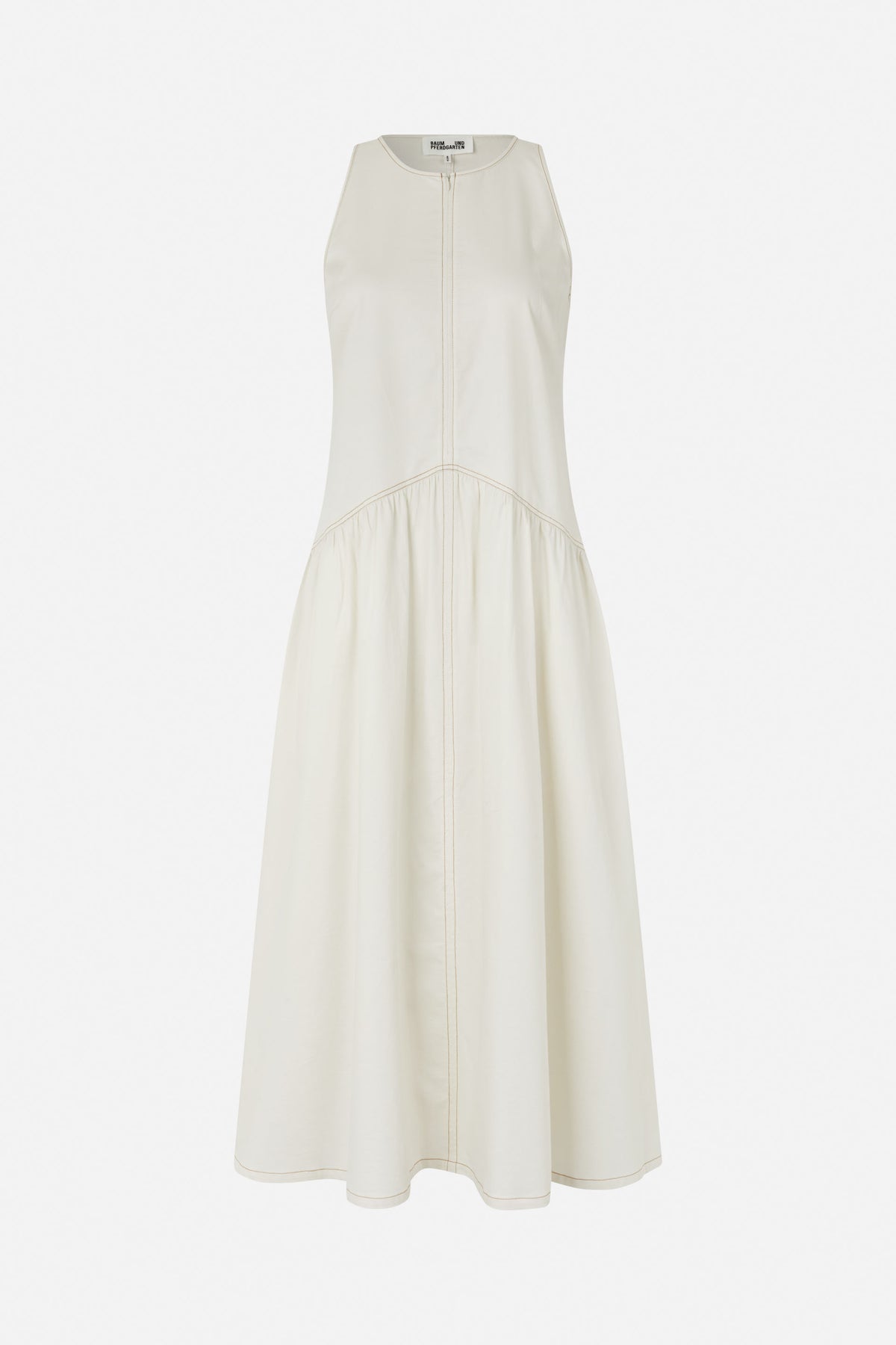 Front view of an ivory sleeveless maxi dress with a round neckline, central seam and curved gathered skirt panel.