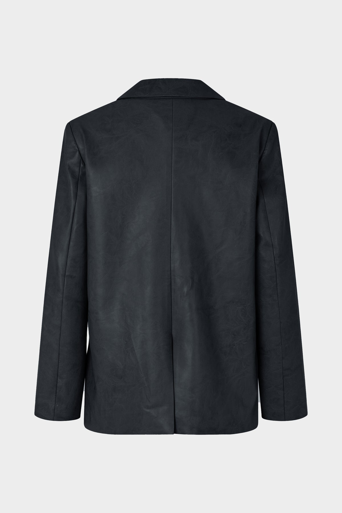 Back view of a black jacket with a notched collar, long sleeves, and a central seam.