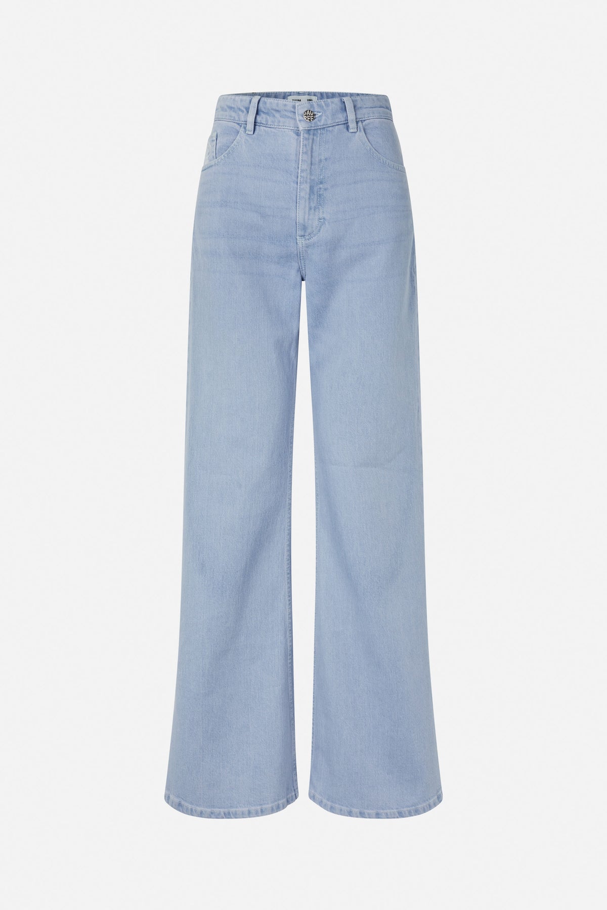 Front view of light blue washed denim jeans with a button waistband, curved front pockets and wide straight legs.