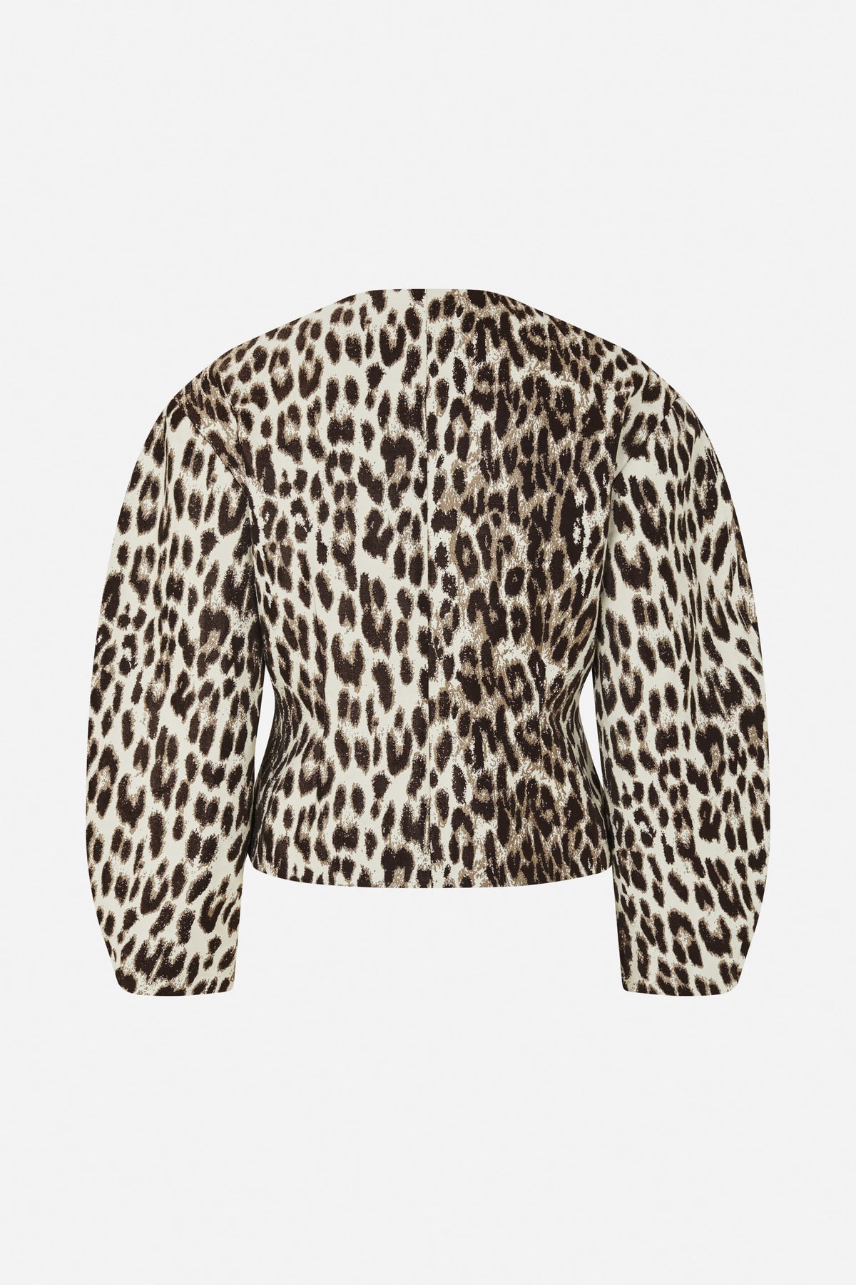 Back view of a long-sleeved top with an all-over dark brown animal print on a cream background.