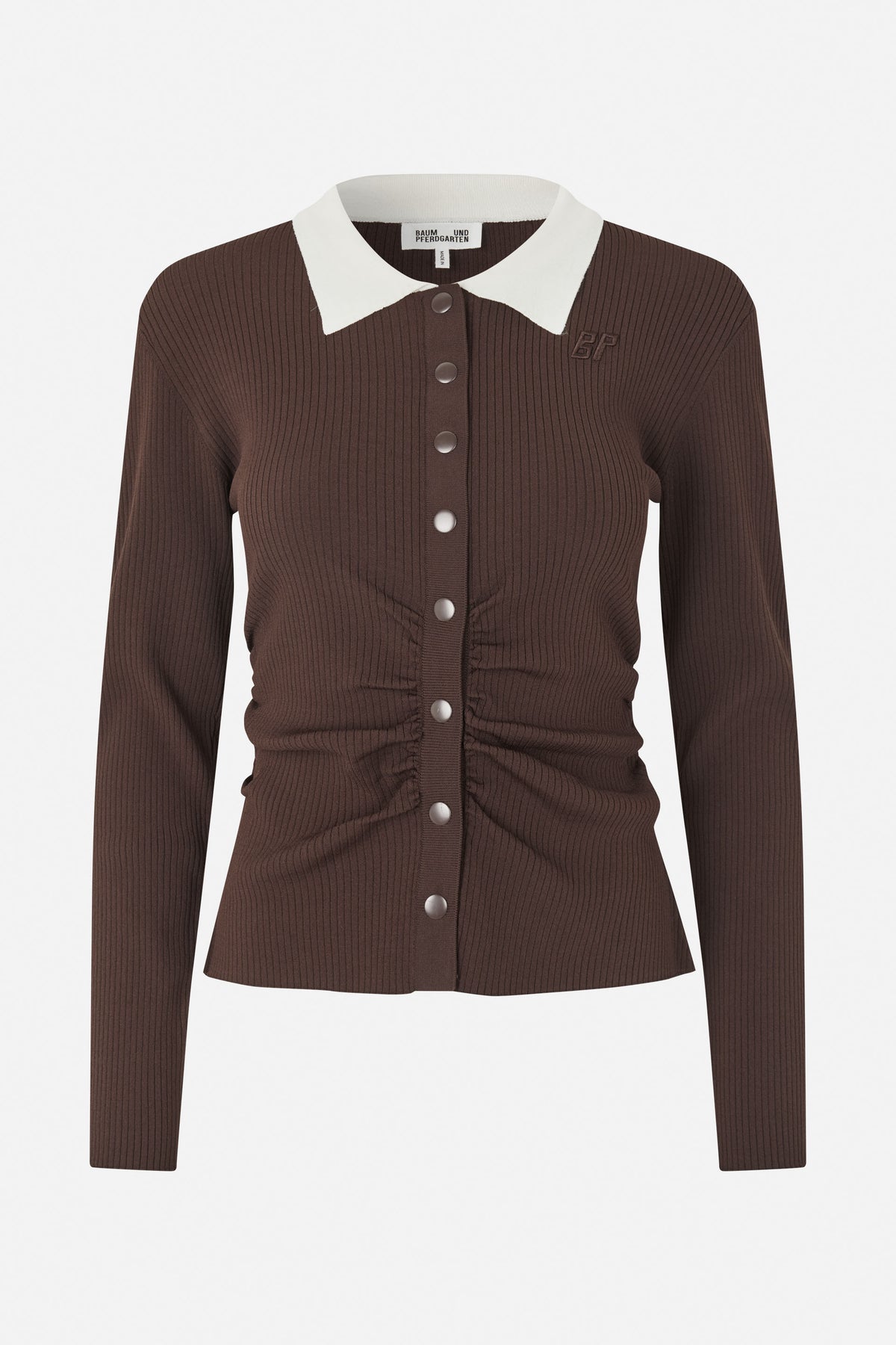 Front view of a dark brown ribbed long-sleeve cardigan with a cream pointed collar, snap buttons and subtle chest embroidery.