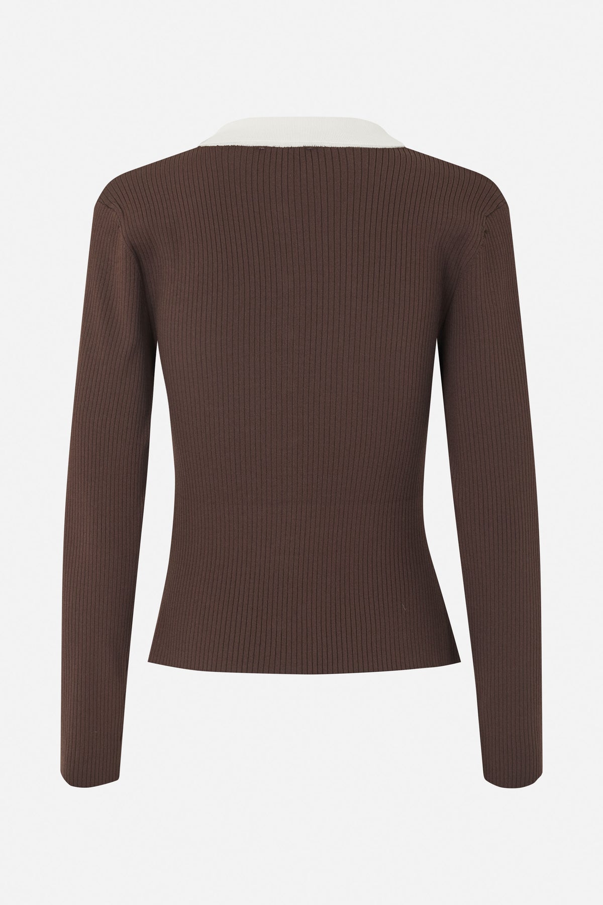 Back view of a brown ribbed long-sleeve top with a contrasting cream collar.