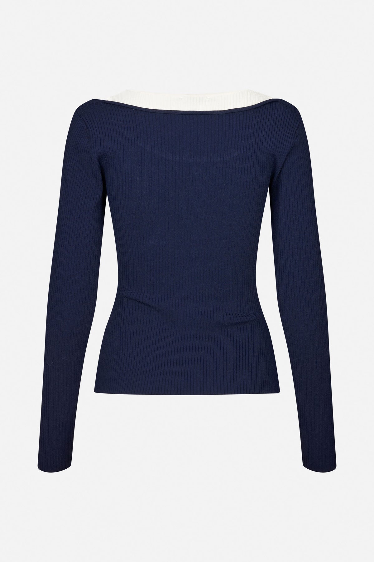 Front view of a fitted navy ribbed top with long sleeves and a wide neckline, with white fabric visible above the neckline.