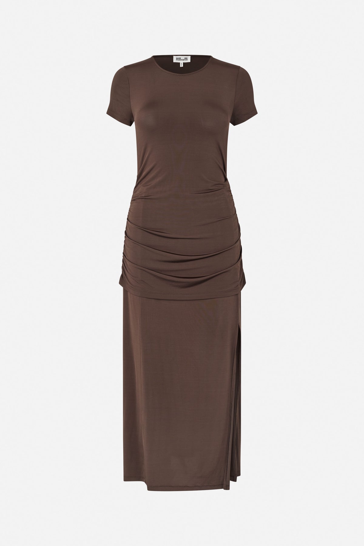 Front view of a dark brown short-sleeved dress with a round neckline and gathered ruching across the hips.
