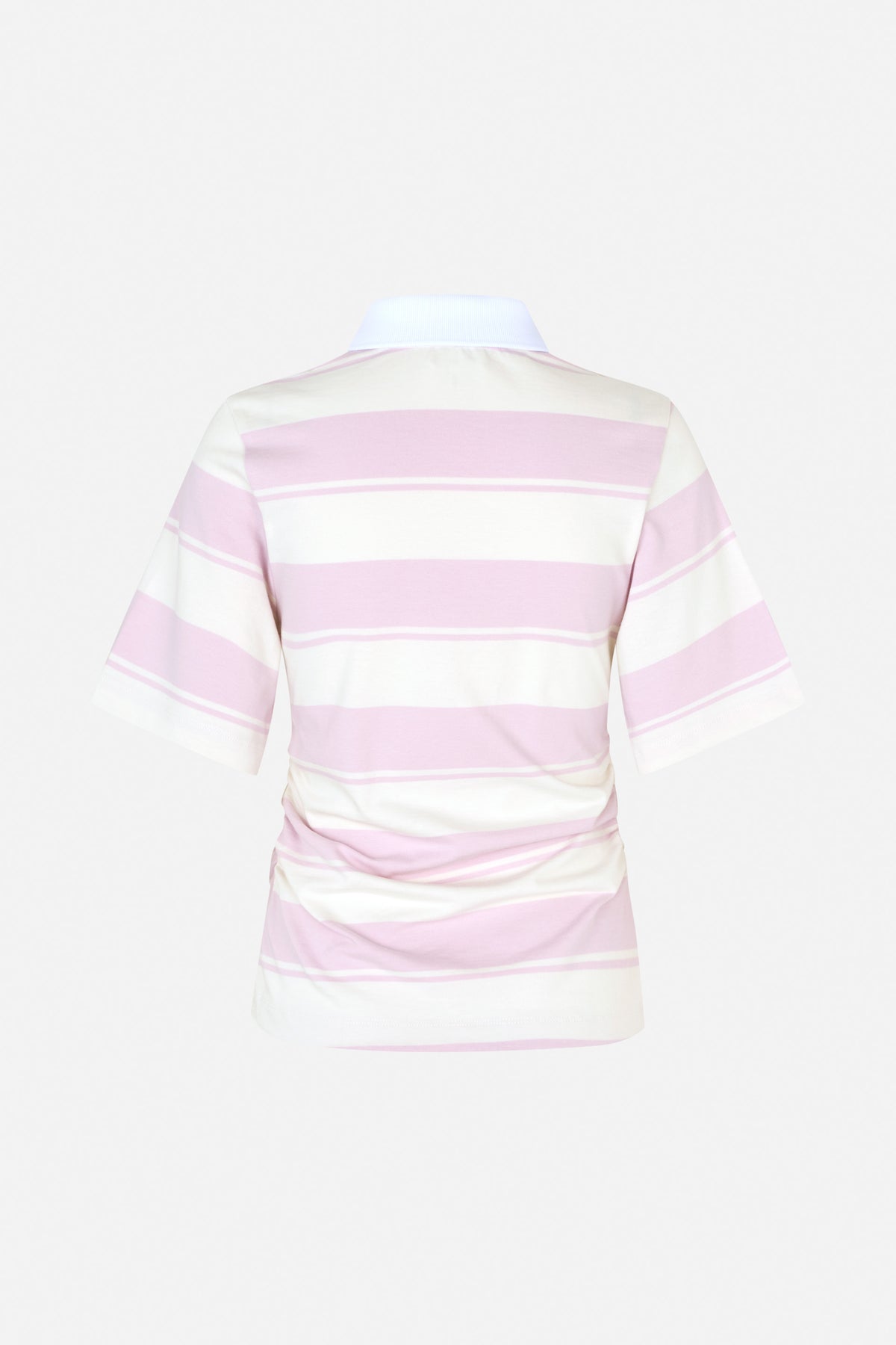 Back view of a short-sleeved polo shirt with broad pale pink and ivory horizontal stripes and a solid white collar.