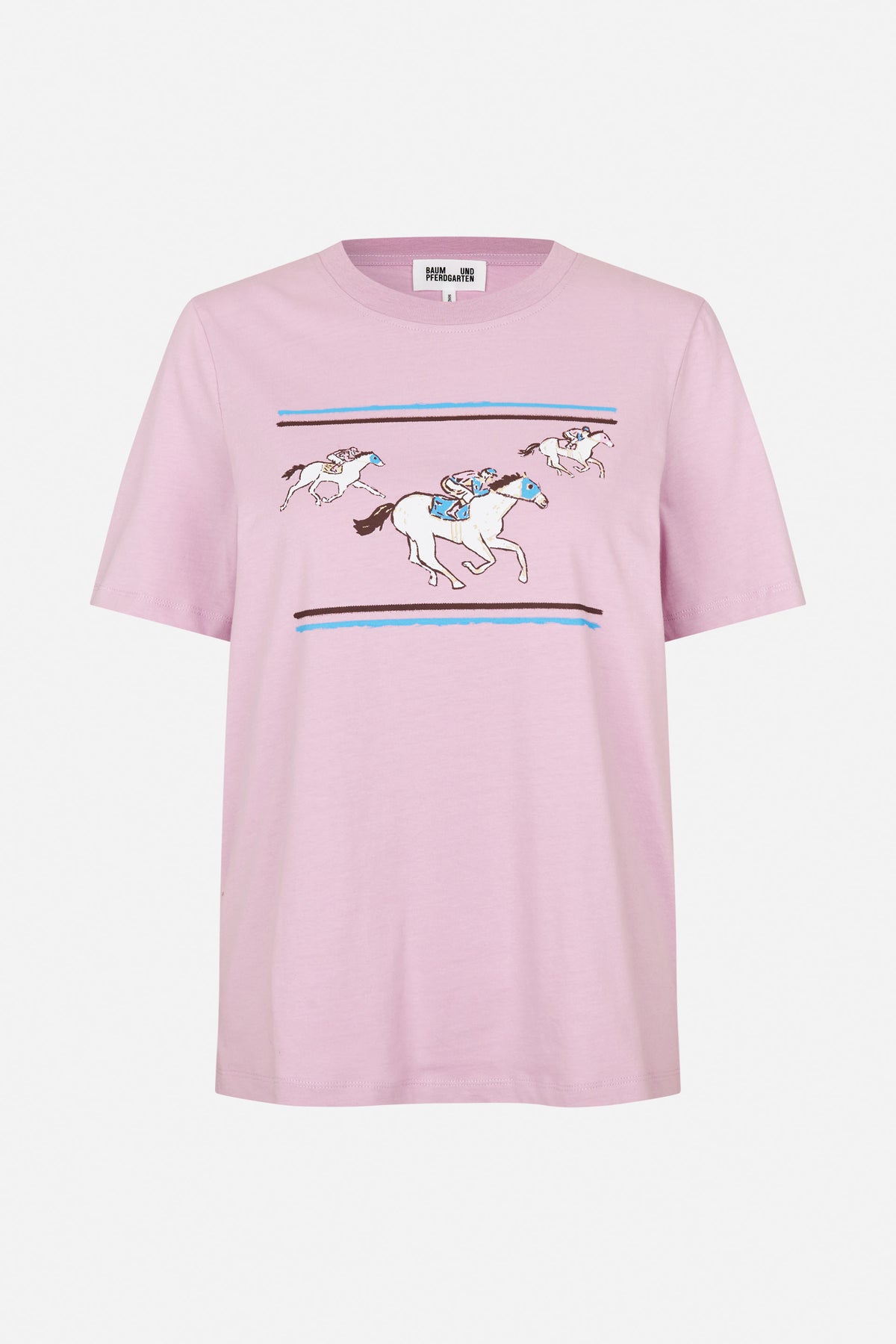 Front view of a pink short-sleeve T-shirt with a graphic of galloping horses and riders in blue and brown accents.