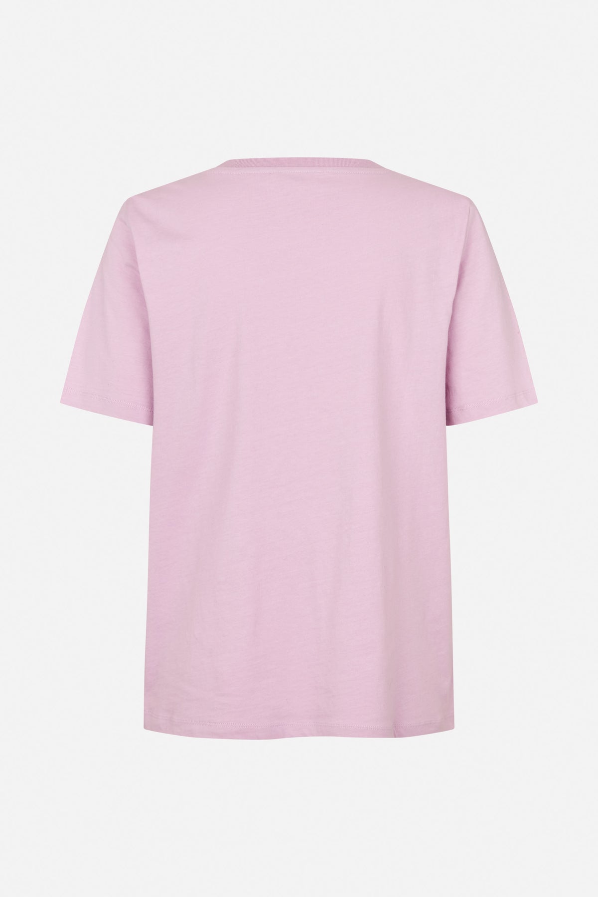 Back view of a plain light pink T-shirt with short sleeves, a ribbed crew neckline and straight hem.