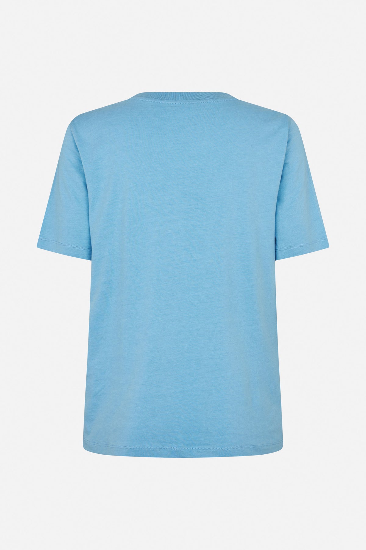 Vue de dos d'un t-shirt uni bleu clair à manches courtes, col rond et ourlet droit.