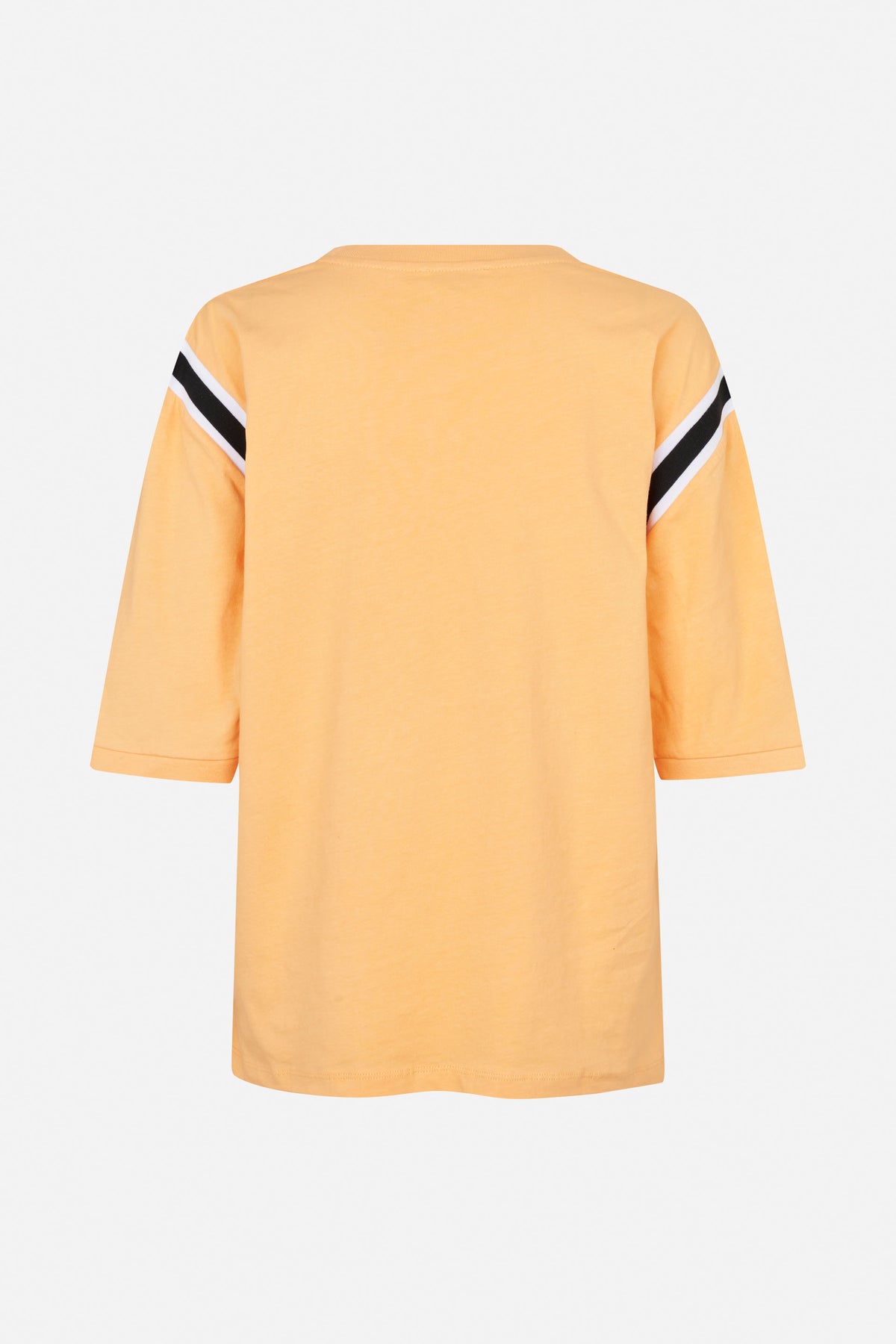 Back view of a plain peach-orange short-sleeved T-shirt with black and white diagonal stripes across the upper sleeves.