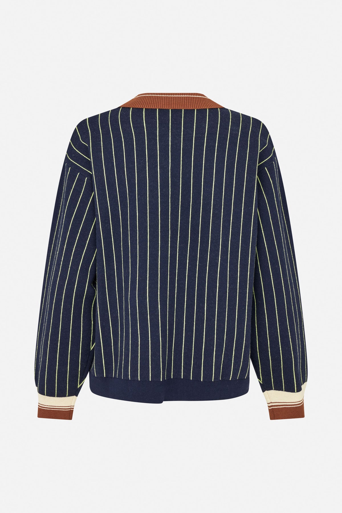 Back view of a navy long-sleeved knit top with thin lime vertical stripes and rust-and-cream ribbed collar and cuffs.