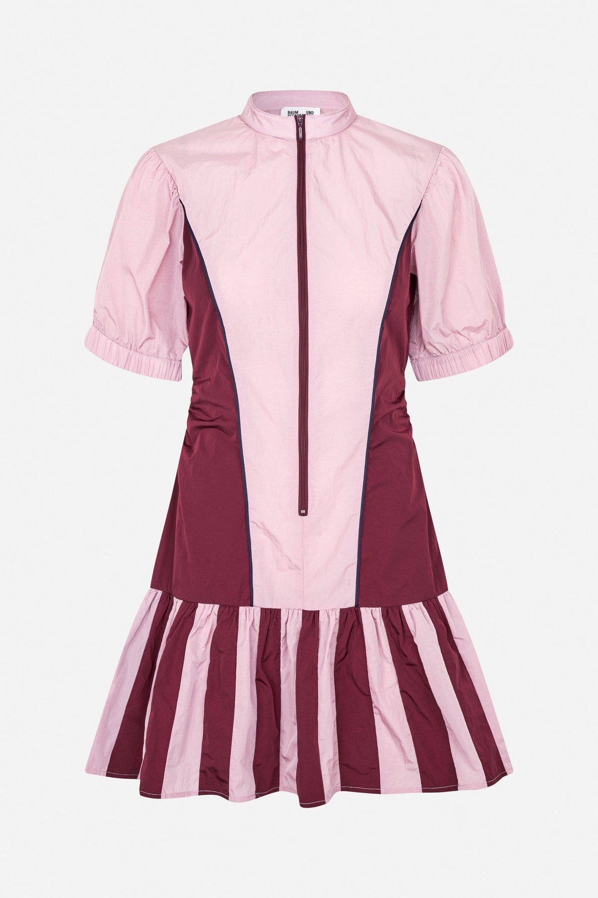 Front view of a pink and burgundy dress with a zip-up stand collar, puff sleeves, contrasting bodice panels and a striped gathered skirt.
