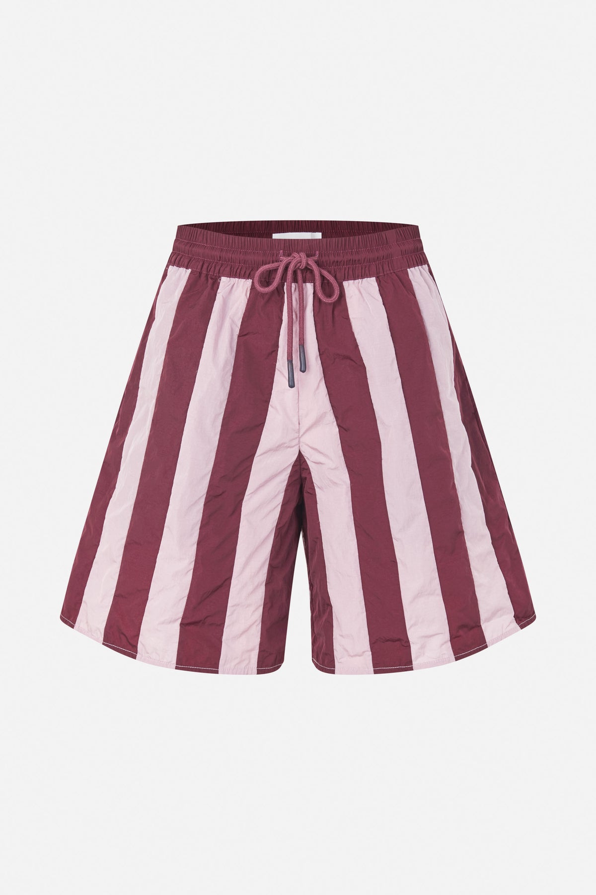 Front view of wide-leg shorts with an elastic drawstring waist and bold burgundy and pale pink vertical stripes.