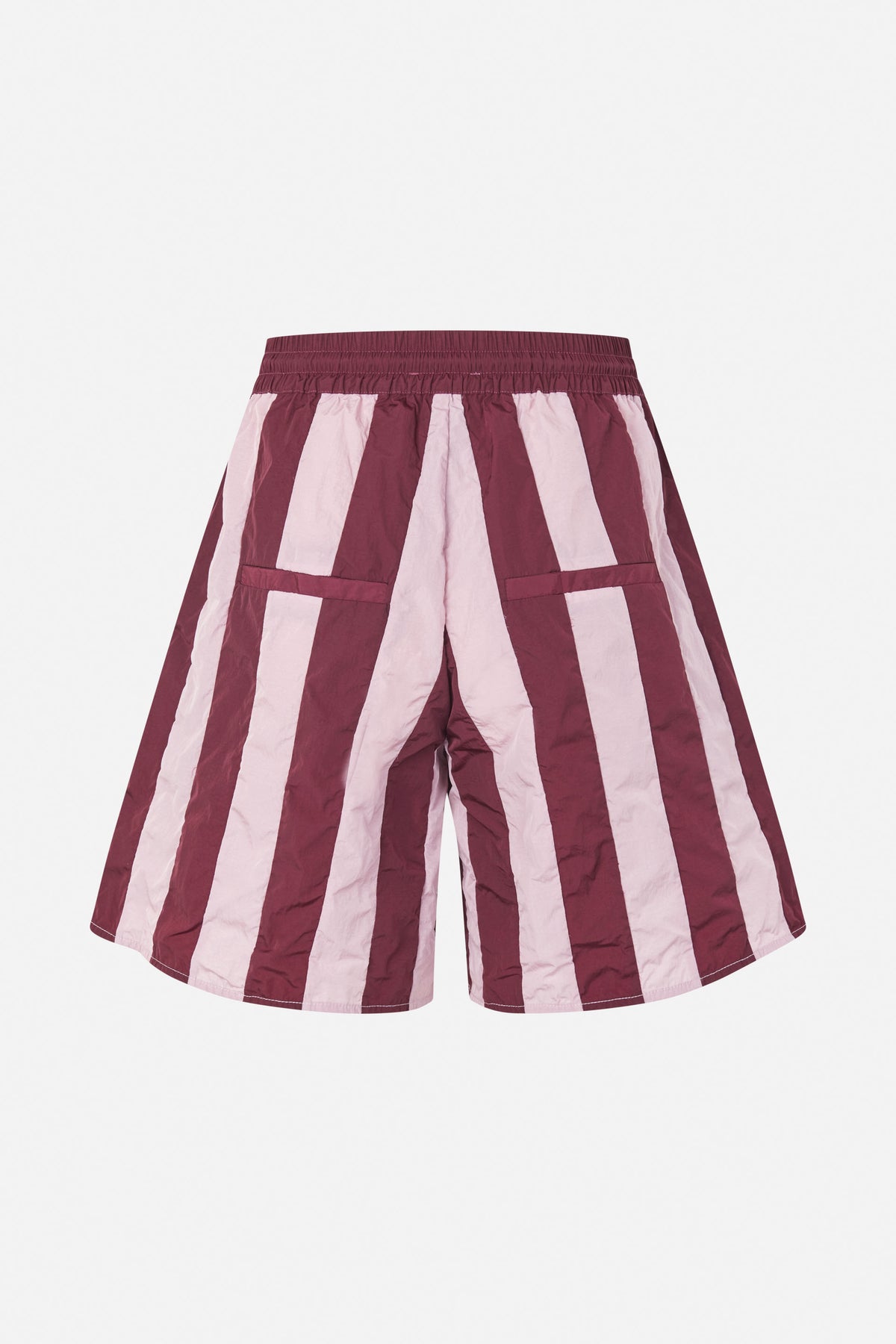 Front view of wide-leg shorts with an elasticated waistband, burgundy and pale pink vertical stripes, and large patch pockets.