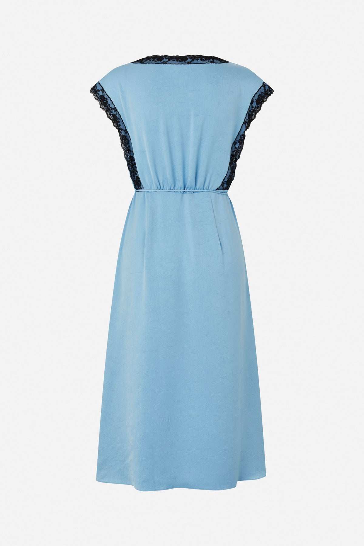Back view of a light blue sleeveless dress with black floral lace edging around the neckline and armholes, and a narrow waist tie.