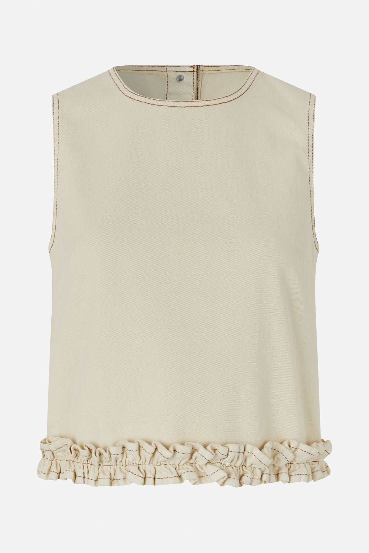 Back view of an ivory sleeveless top with a round neckline, snap closure, brown contrast stitching and a gathered ruffle hem.