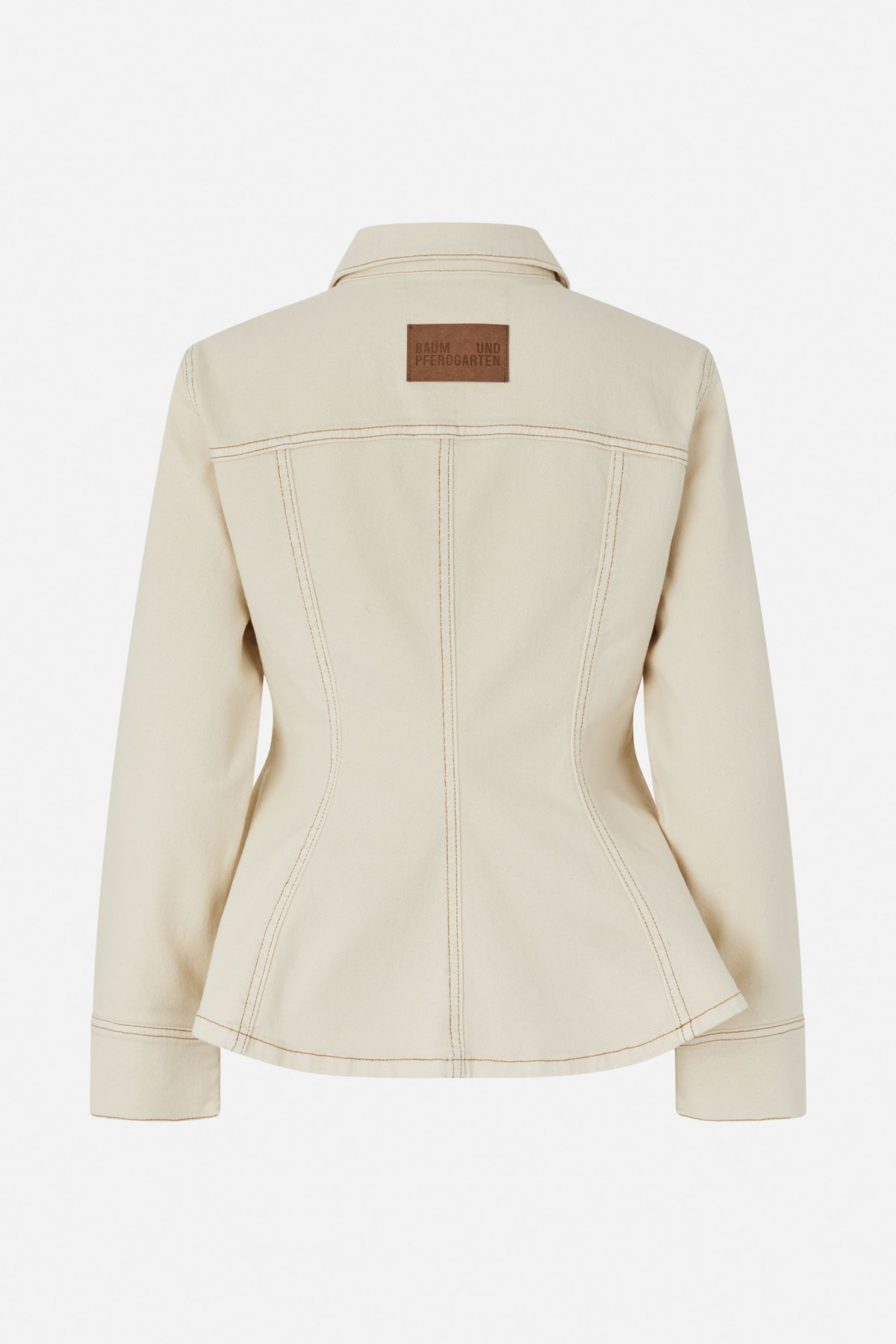 Back view of an ivory fitted jacket with brown contrast stitching and a Baum und Pferdgarten label below the collar.