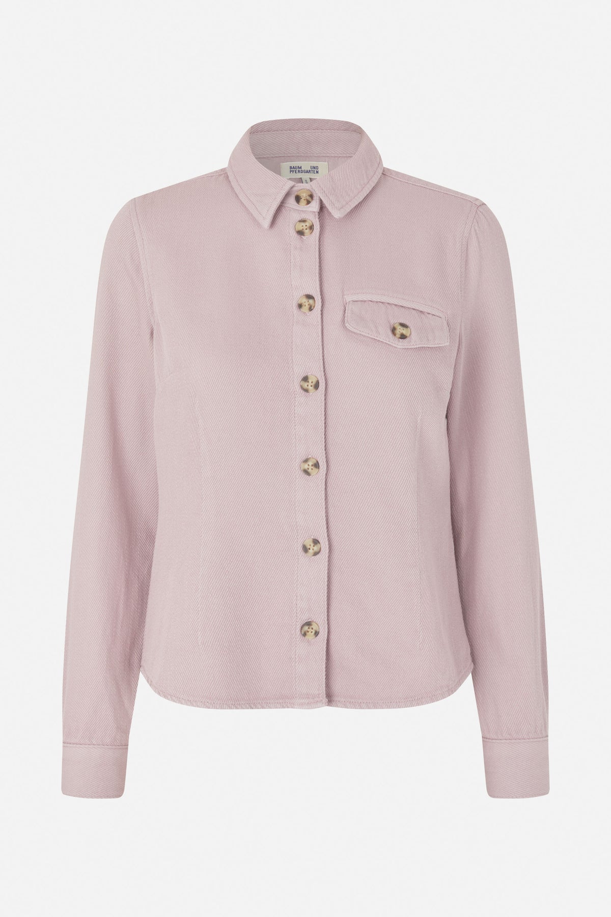 Front view of a pale pink long-sleeved shirt jacket with a pointed collar, button fastening and flap chest pocket.